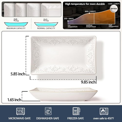 Artena Ceramic Rectangle Plates Set of 4 | Deep Lipped Edges for Appetizers & Desserts - Microwave/Oven Safe, Floral Design