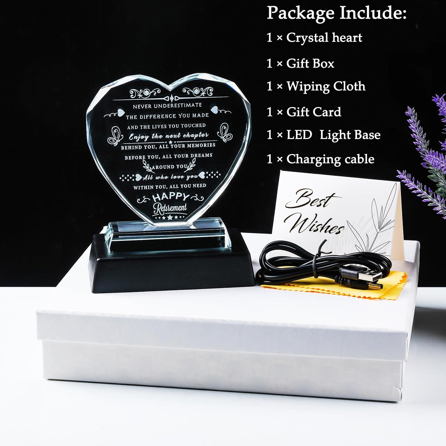 YWHL Retirement Gift for Woman 2024 with LED Base Best Retirement Gifts Ideas for Men Happy Retirement Appreciation Gift for Coworkers Crystal Heart Plaque Going Away Farewell Goodbye Gift for Retired