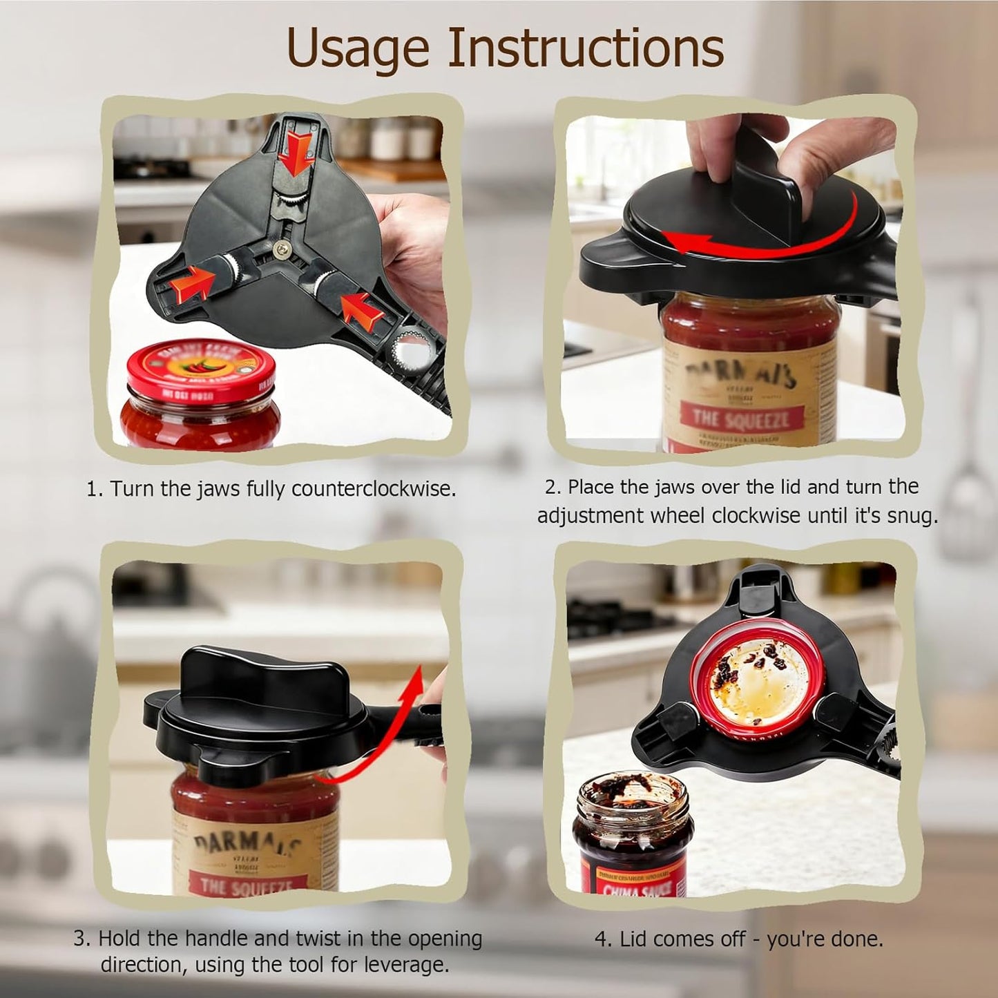 Skiennix 4-in-1 Jar Opener - Adjustable Kitchen Tool for Seniors | Easy Grip Design (Black)