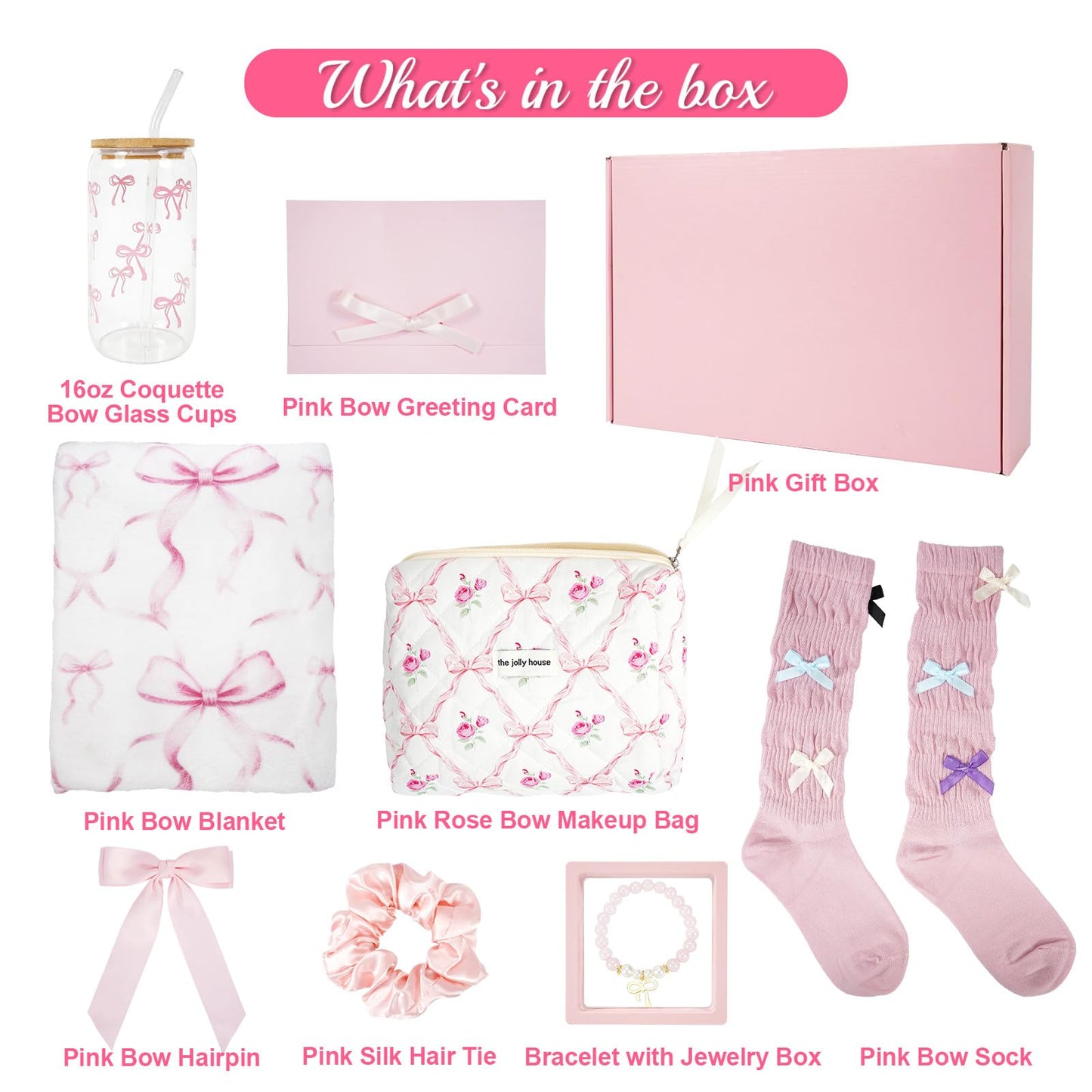 Uiozmoa 9 Pcs Coquette Pink Bow Gift Set, Birthday Basket for Girls Graduation Gift Set for Women White Blanket with Bows to Teen Girly Sister Friend (Pink)