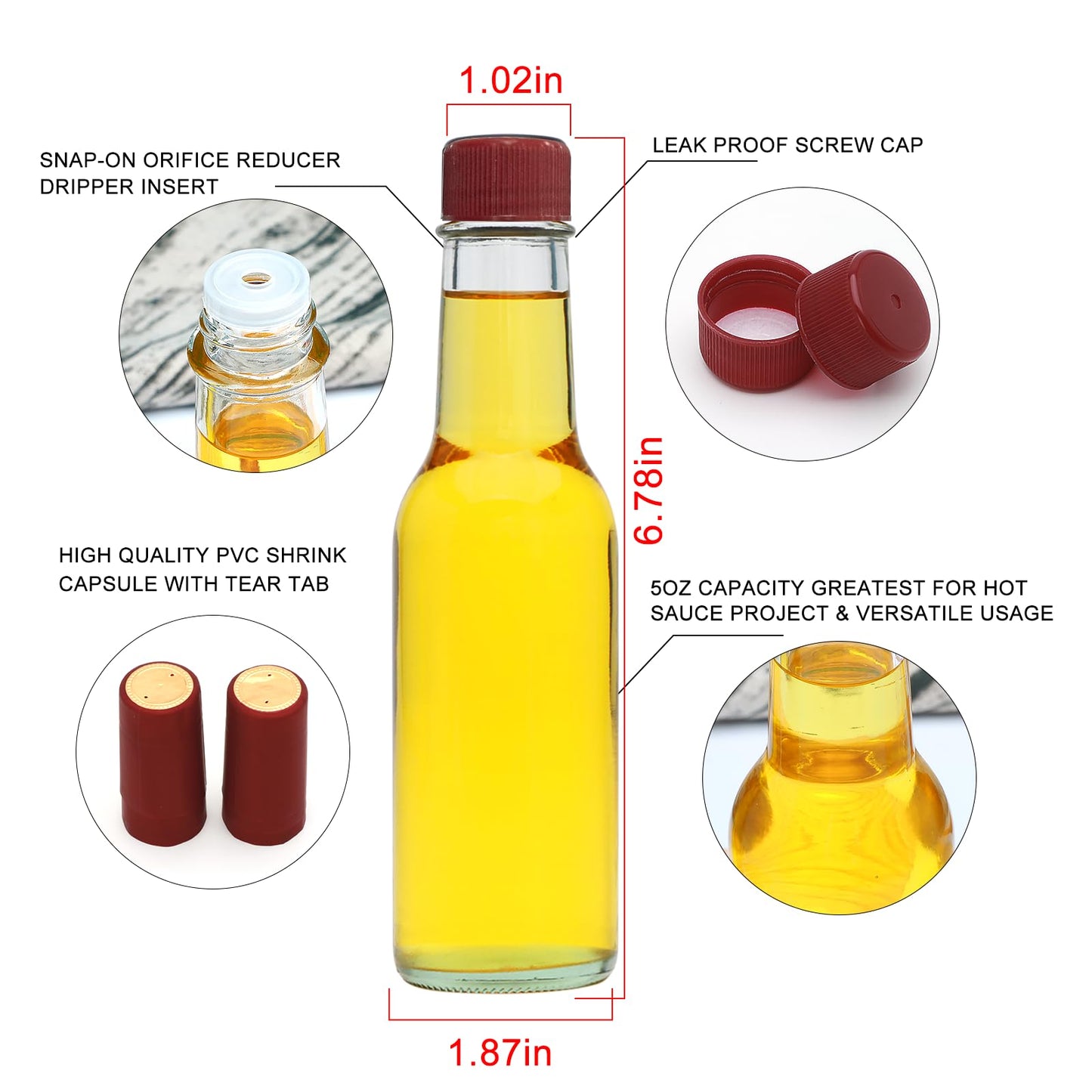 Brajttt 16 pcs 5oz Vanilla Extract Bottles for Homemade,Clear Woozy Bottles with Red Cap,Mini Oil Bottle with Shrink Band for Kitchen,Home Brewing Wine, Sauces and Beverages