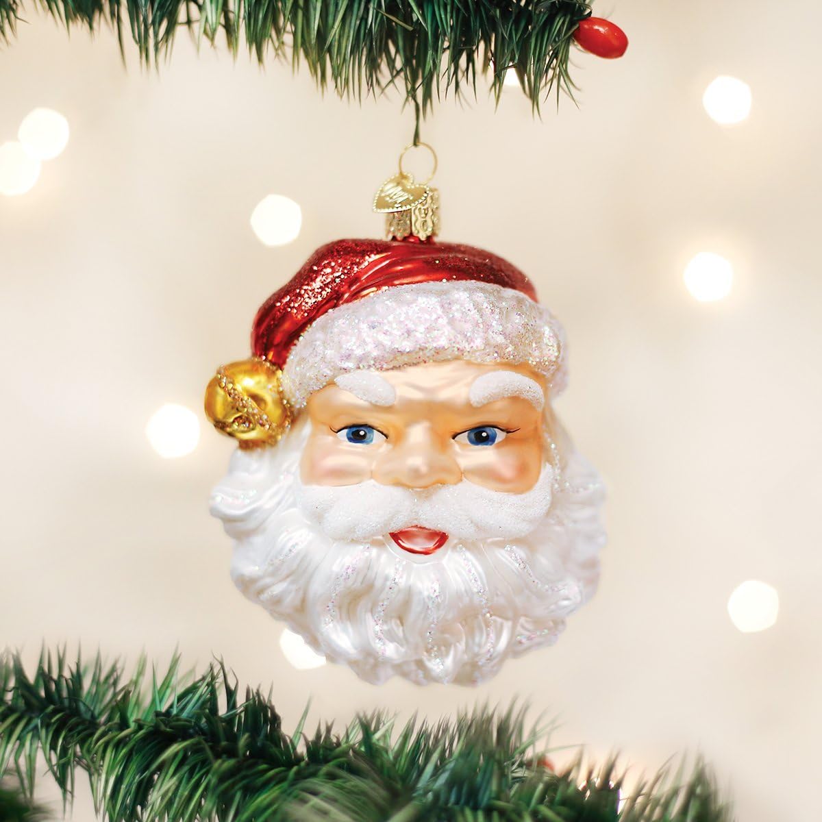 Mid-Century Santa Head Glass Blown Ornament - 3.25” for Christmas Tree Decor