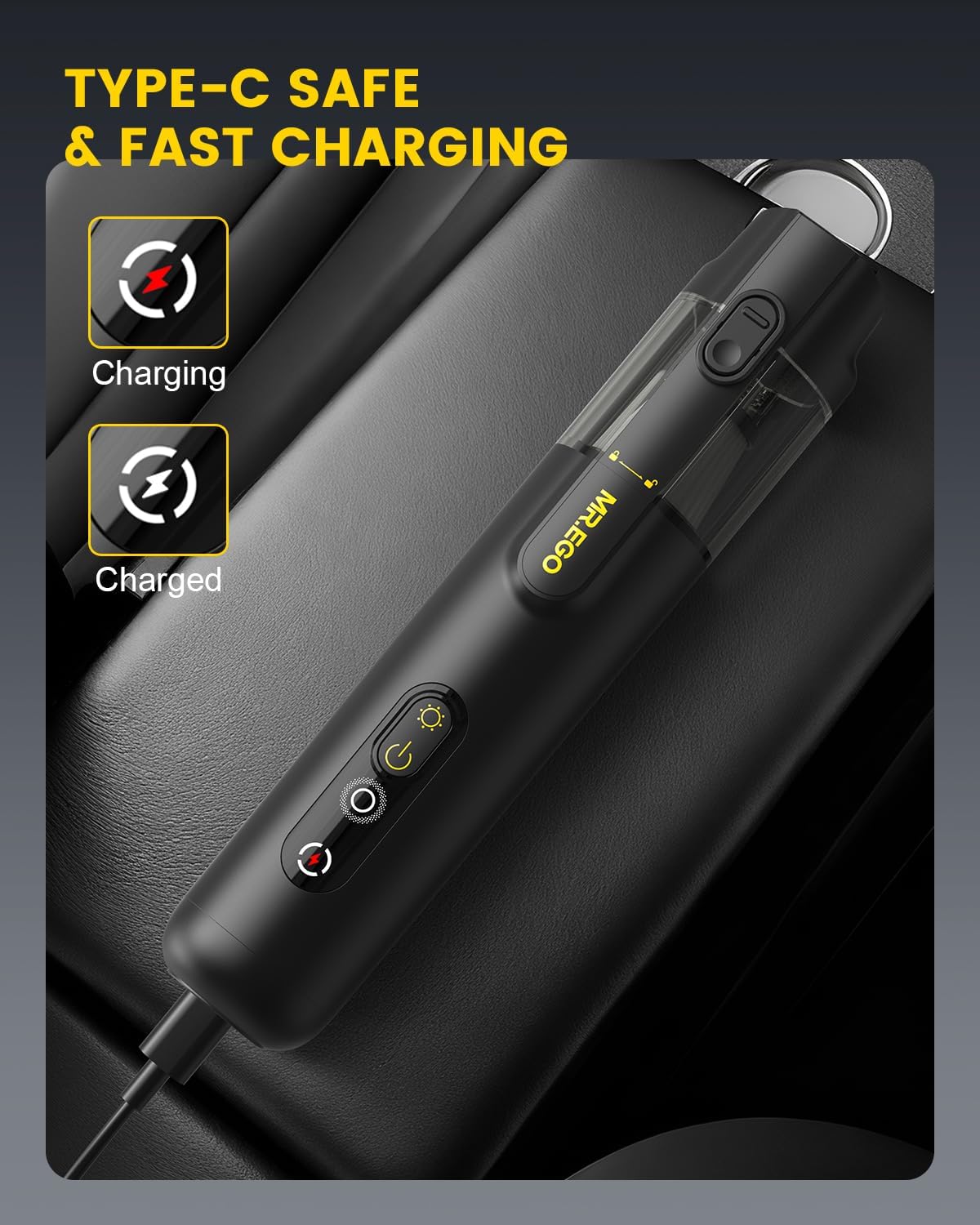Mr.ego Handheld Car Vacuum - Portable 4-in-1 Mini Vacuum with 18500Pa Suction | Black with Green LED Light
