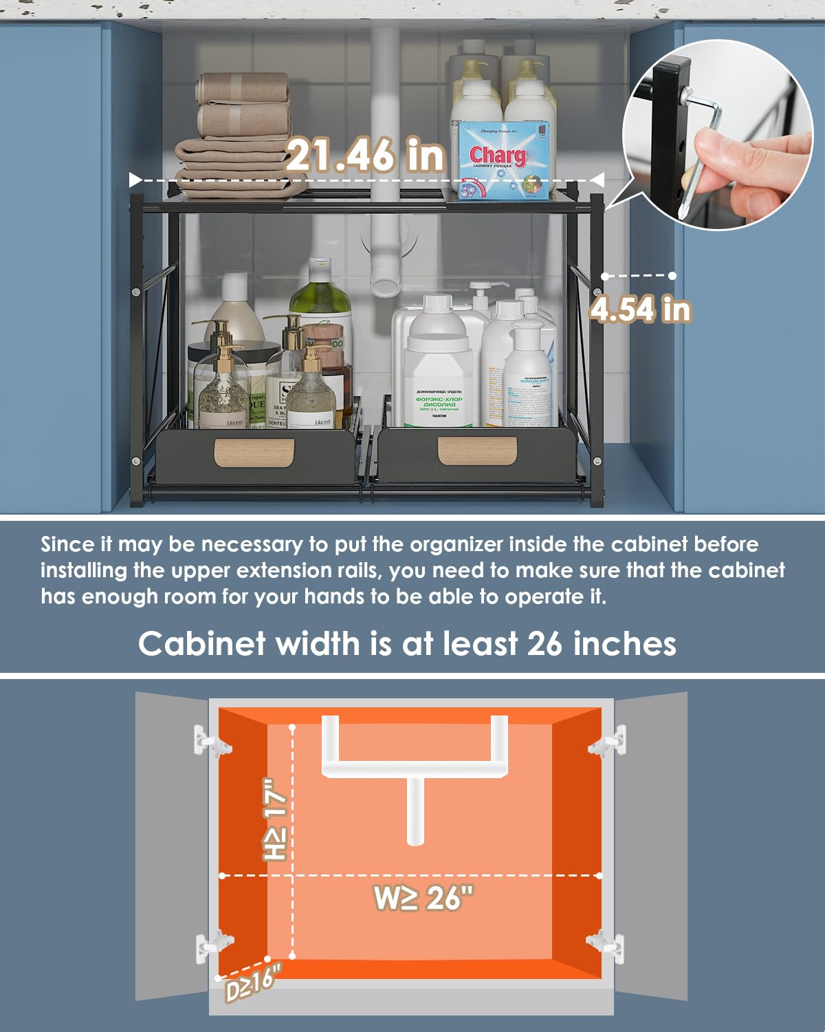 REALINN Extendable Under Sink Organizer, 2 Tier Expandable Under Cabinet Organizer Shelf with Height Adjustable, Retractable Cabinet Storage, Black