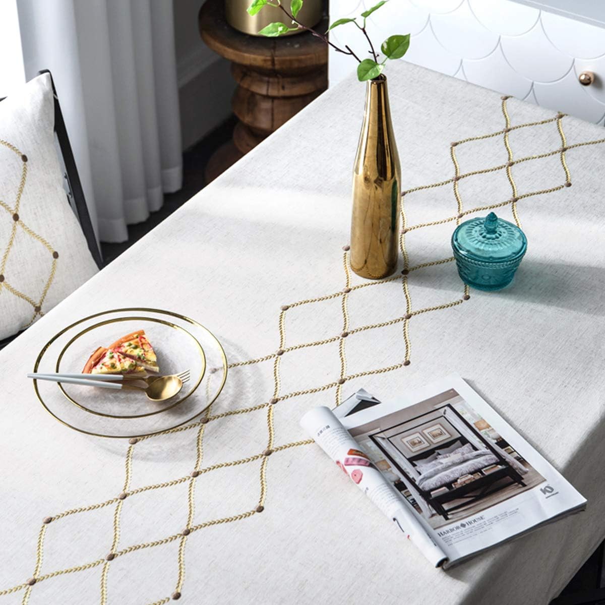 Heavyweight Cotton Linen Embroidery Tablecloth - Waterproof & Dust-Proof for Kitchen Dining (53 x 70 Inch, Rectangle/Oblong)