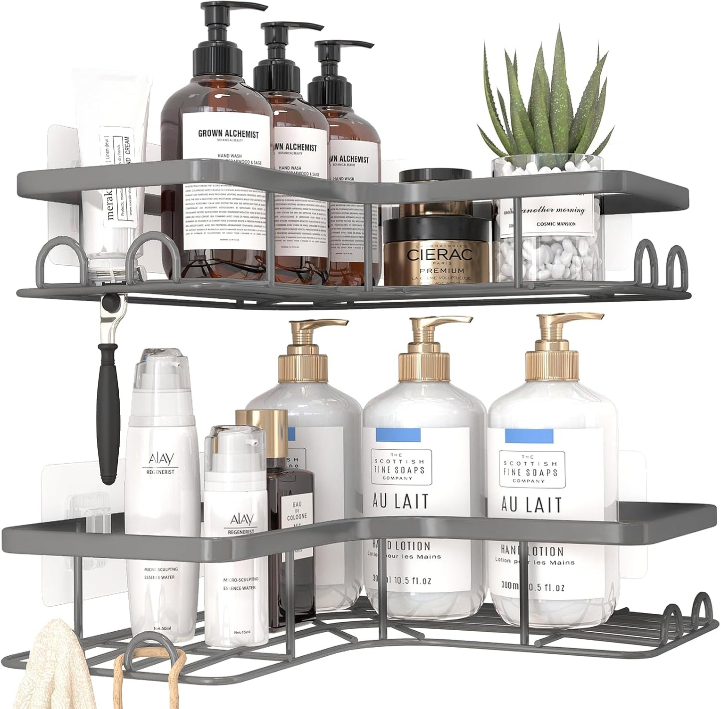 Sakugi Corner Shower Caddy - Rustproof Stainless Steel Organizers with 8 Hooks | No-Drill, Space-Saving Design, Grey, Large