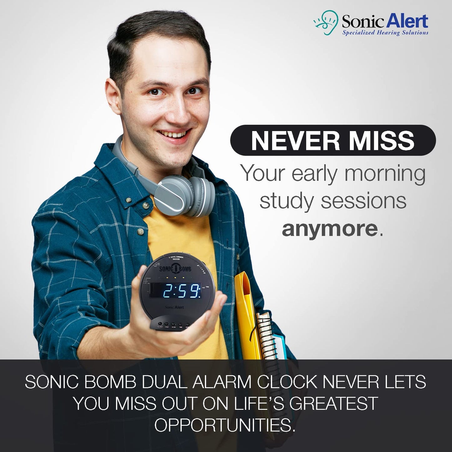 Sonic Alert Sonic Bomb Dual Alarm Clock with Bed Shaker, Black Vibrating Alarm Clock Heavy Sleepers, Battery Backup | Wake with a Shake