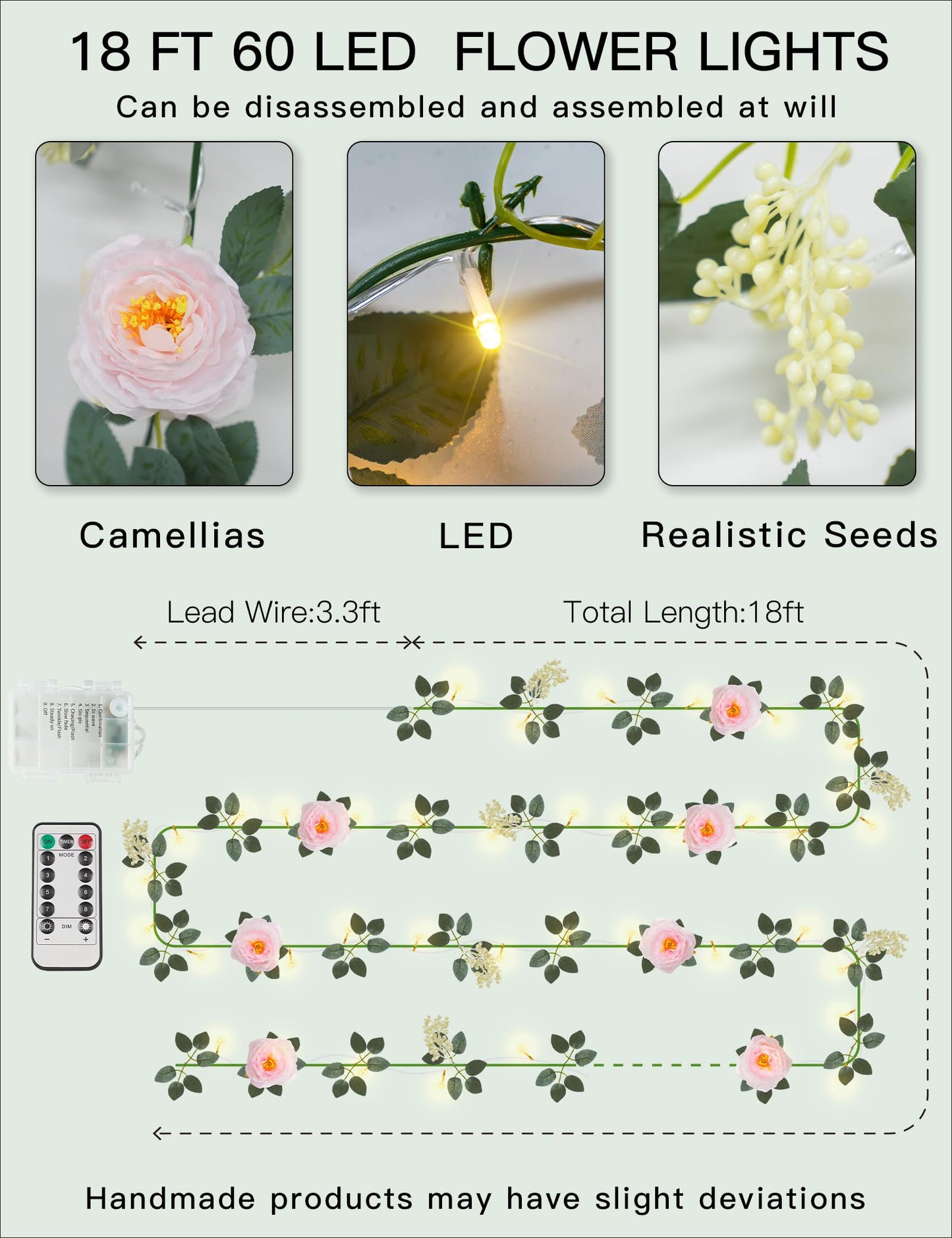 suddus Flower Garland with Pink Camellia Fairy Lights Indoor, 60 LED Vines String Lights Battery Operated with Remote, Artificial Fake Flowers Leaf Lights for Wedding,Bedroom,Centerpieces,Arch Decor