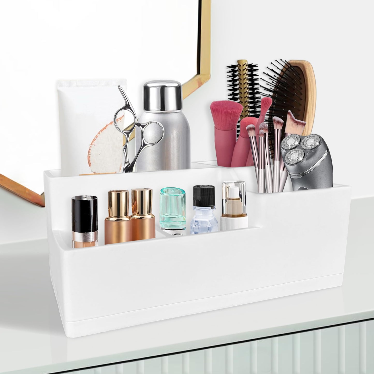 UNICYEEGAR Multi Use Bathroom Toothbrush Holder, Bathroom Accessory Storage for Toothpaste- Electric Toothbrush- Razor and Other Items, Cosmetic Organizer, 5 Compartments, Resin in Soft Touch White