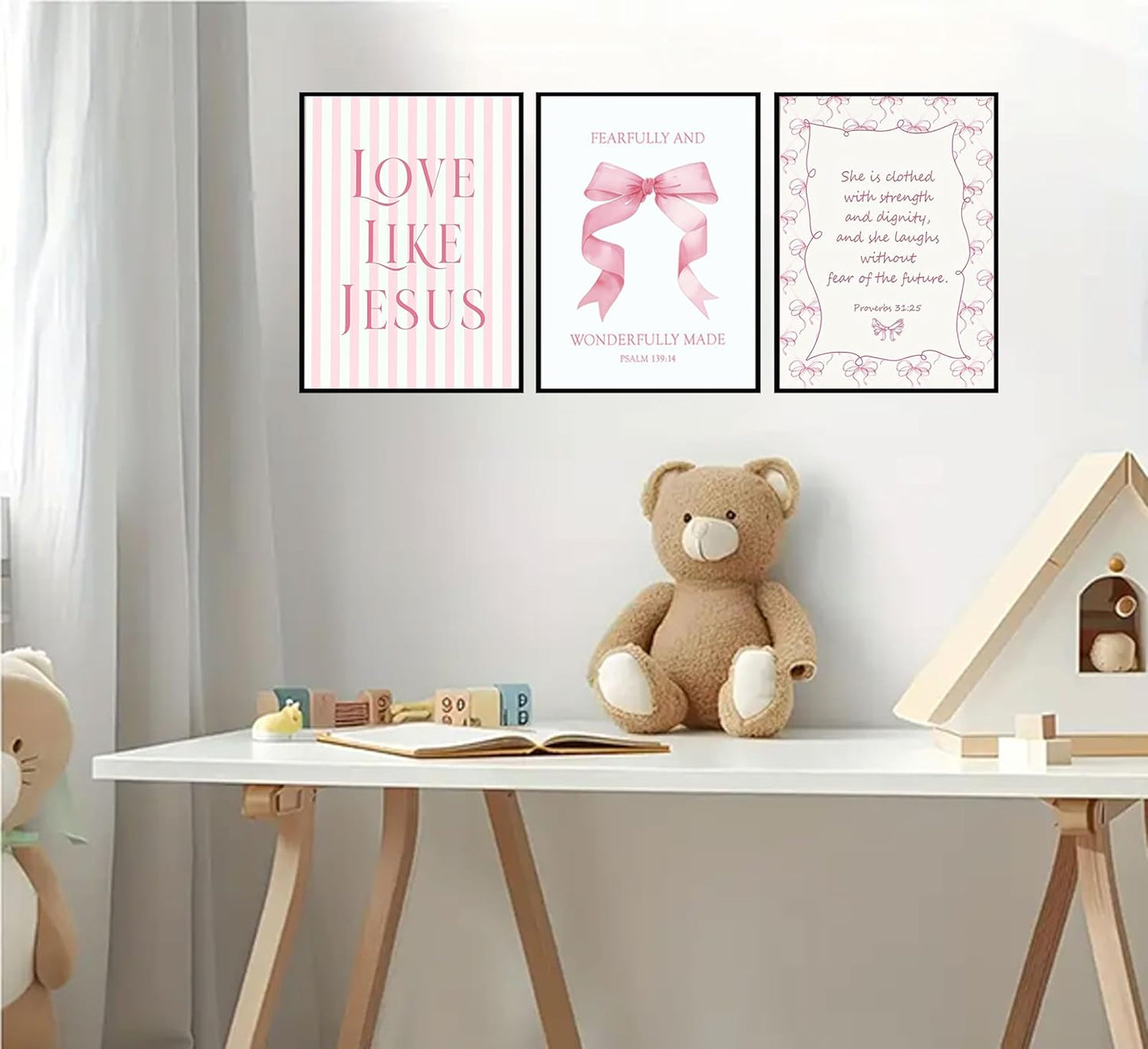 Skiennix 3-Piece Pink Christian Wall Art - Inspirational Bible Verses Canvas Prints | 12x16in Unframed Decor for Teen Girls' Bedroom