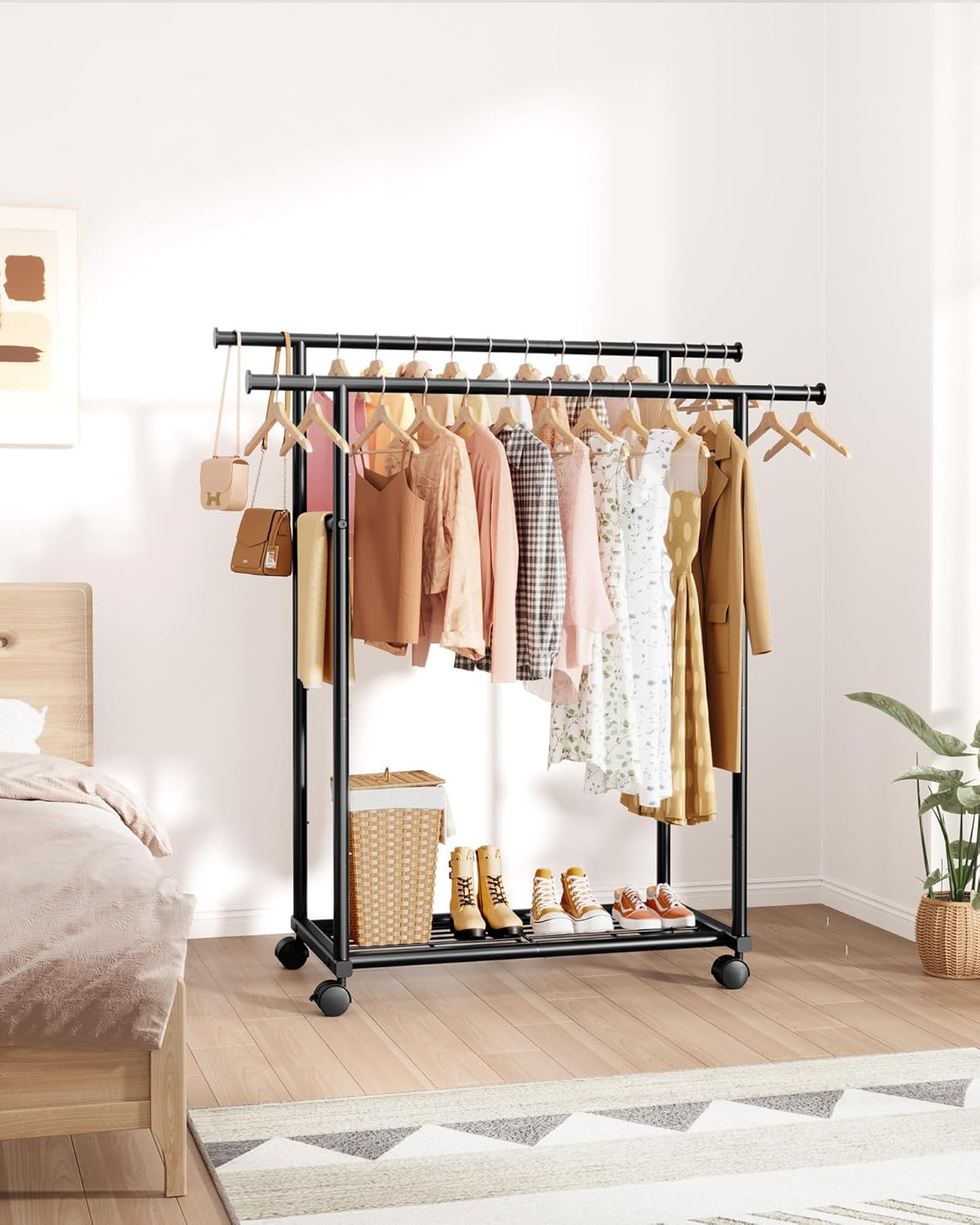 Sakugi Metal Clothes Rack - Double Rod Design with Rolling Wheels & Built-In Shelf | 38.5" x 16.9" x 59", Black