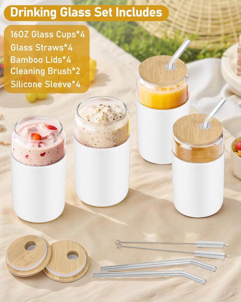 sungwoo Glass Cups with Lids and Straws, 4 Pack 16OZ Iced Coffee Cups with Silicone Sleeve, Glass Tumbler with Straw and Bamboo Lid, Home Essential Drinking Set for Juice, Cocktail and Latte White