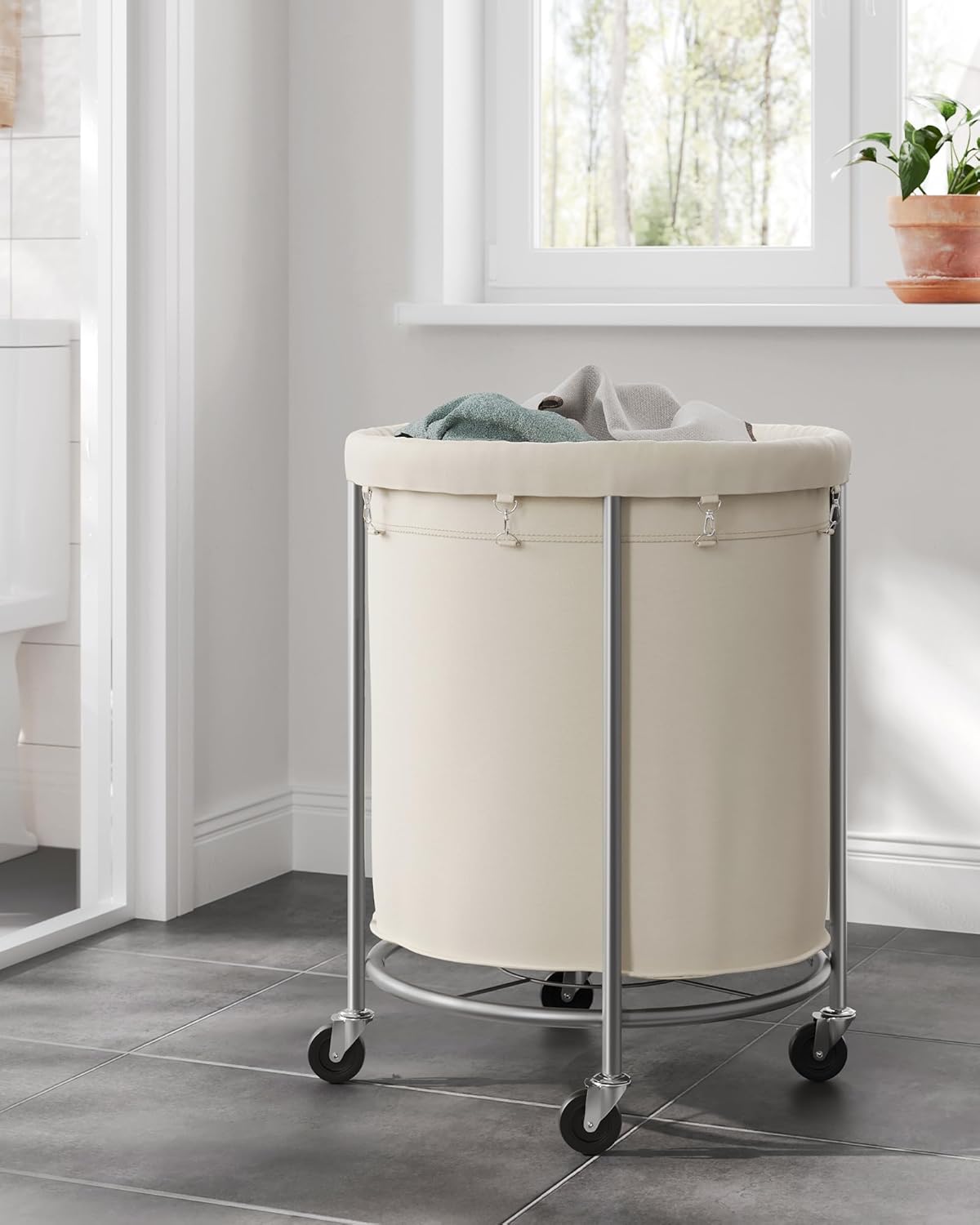 SONGMICS Laundry Basket - 50.2-Gallon Rolling Hamper Cart with Steel Frame & Removable Bag - Cream White & Metallic Silver