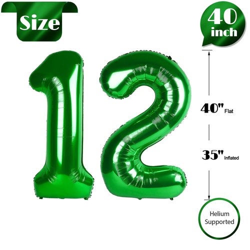 Green Number 12 Balloon 40 inch, 12 Number Balloons, 12th Green Birthday Decorations, 12 Year Old Girls Boys Party Supplies, St. Patrick's Day Games Theme Birthday Decorations
