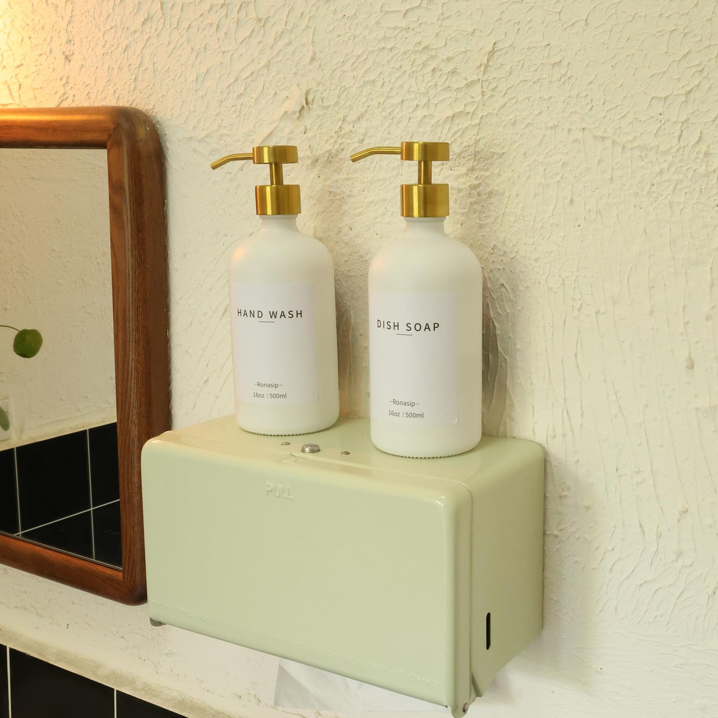 Ronasip Set of 5 Kitchen Soap Dispenser Set 16 Oz Glass Hand Dish Soap Dispenser with Stainless Steel Pump, Cement Tray, Dish Scrub Brush for Farmhouse Rustic Home Bathroom Decor (White)