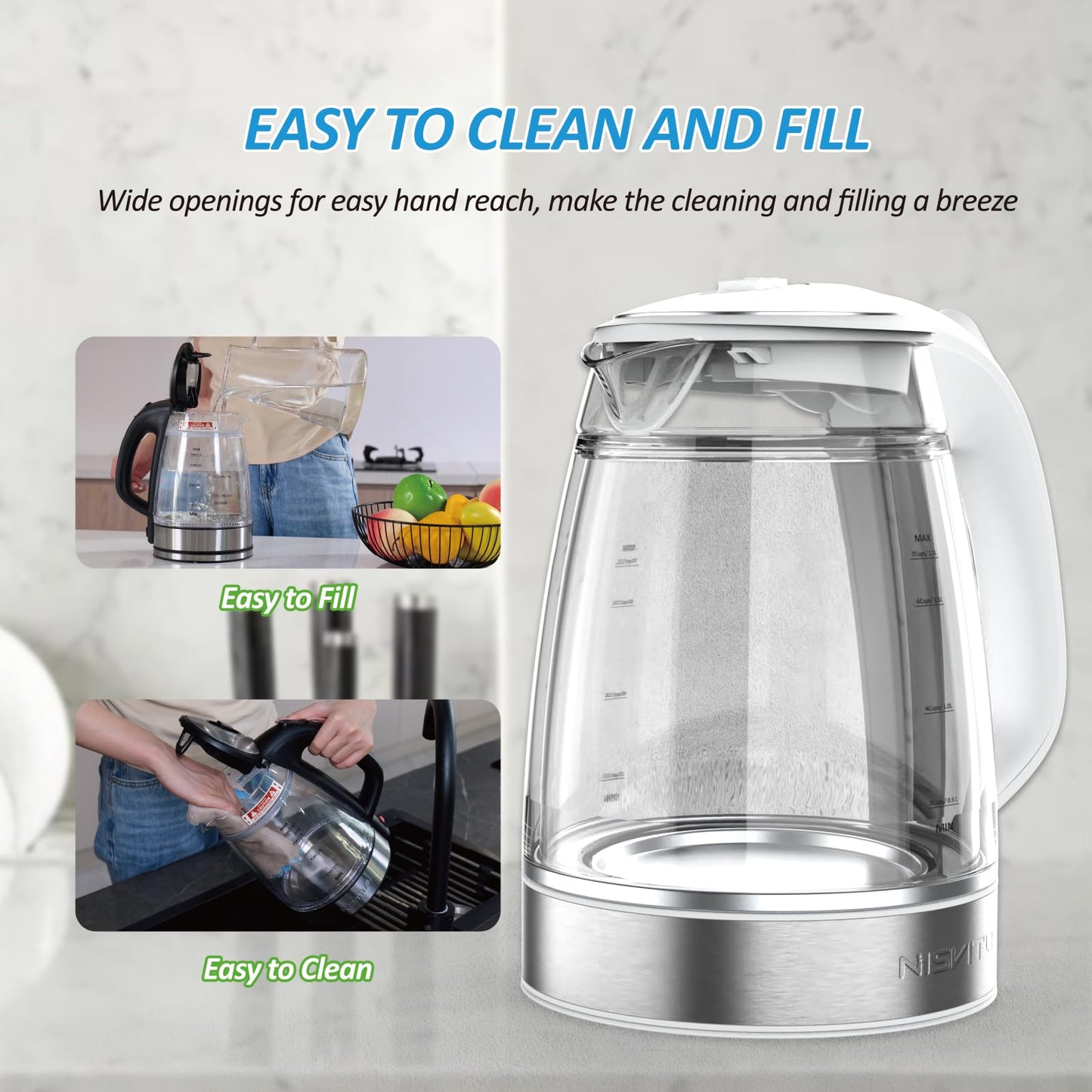 NISVITU Glass & Stainless Steel Cordless Electric kettle for boiling water, Hot water boiler Electric Tea Kettle automatic shut off Boil-Dry Protection, PC Outer + Glass Inner, 1500W, 1.7L, WH