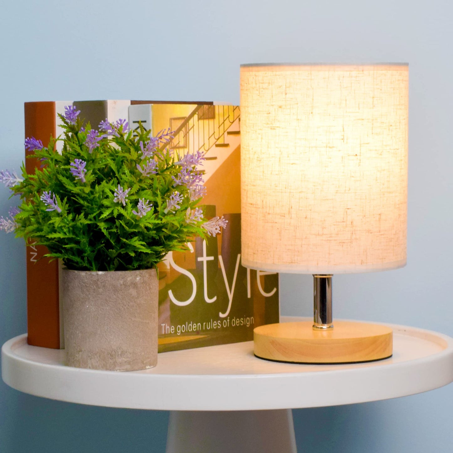 ACHUAI Small Table Lamp-Wooden Bedside Lamp Simple Bedroom Lamp Linen Shade Mini Desk Lamp Night Light Nightstand Lamp for Bedroom,Living Room,Kids Room (Including LED Bulbs) (Round-B)