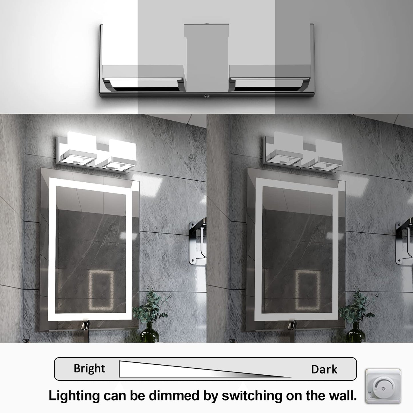 Tipace LED Dimmable Modern 2-Light Vanity Fixture for Bathroom - Frosted White Acrylic Chrome Up and Down Light Over Mirror (6000K)