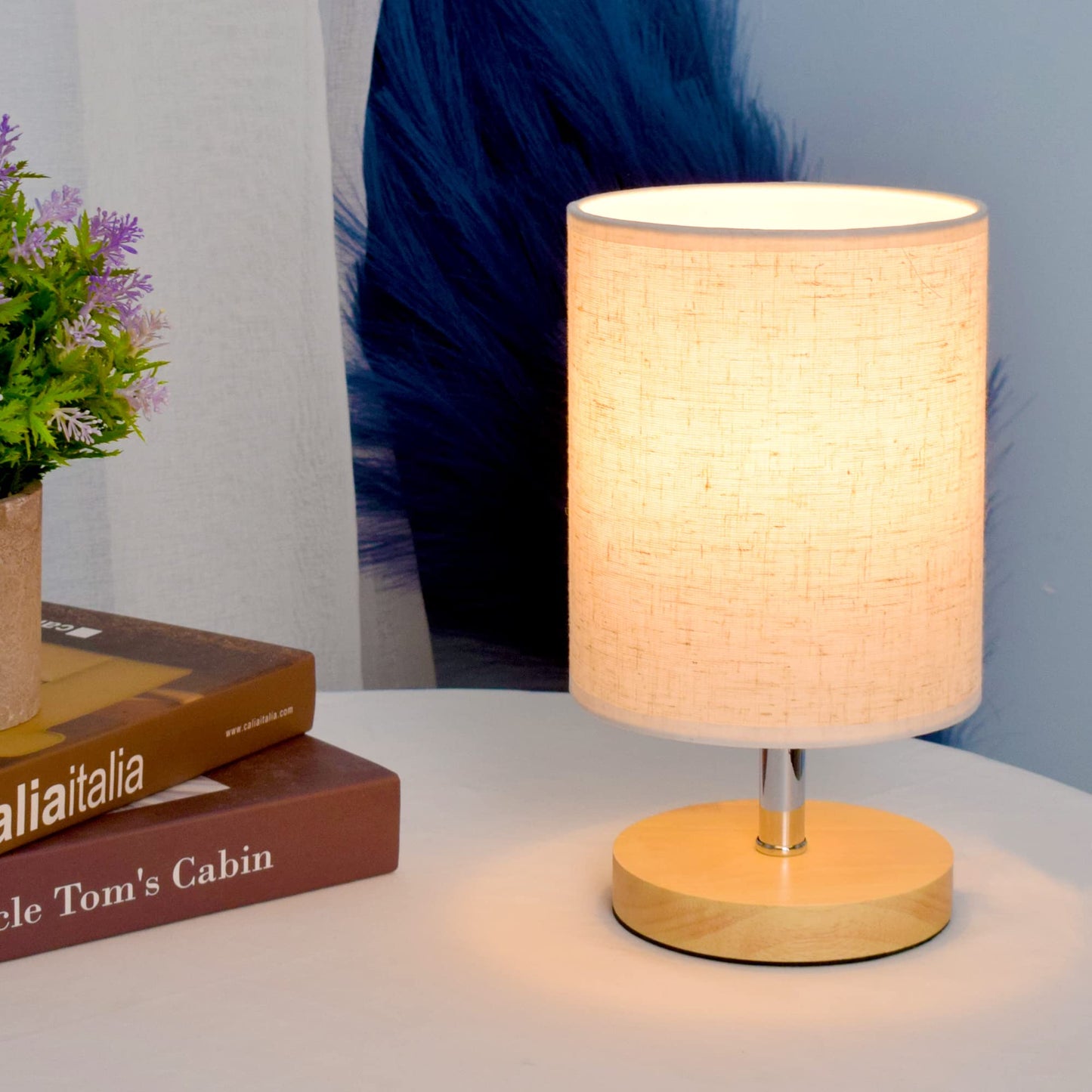 ACHUAI Small Table Lamp-Wooden Bedside Lamp Simple Bedroom Lamp Linen Shade Mini Desk Lamp Night Light Nightstand Lamp for Bedroom,Living Room,Kids Room (Including LED Bulbs) (Round-B)
