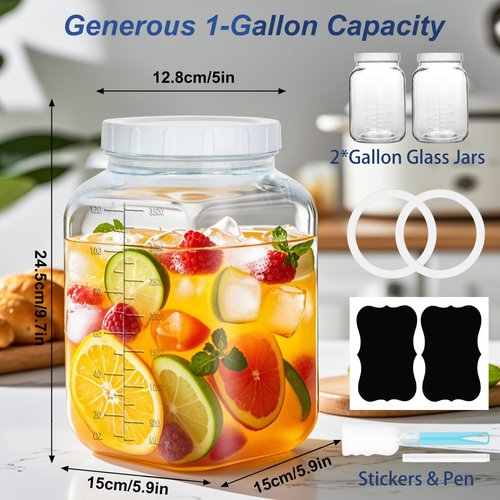 Galssmagic 1 Gallon Glass Jar with Lids,2 Pack Super Wide Mouth Large Mason Jars 128 oz,Glass Gallon Jugs Storage Container for Sun Tea,Kombucha,Storing,Canning