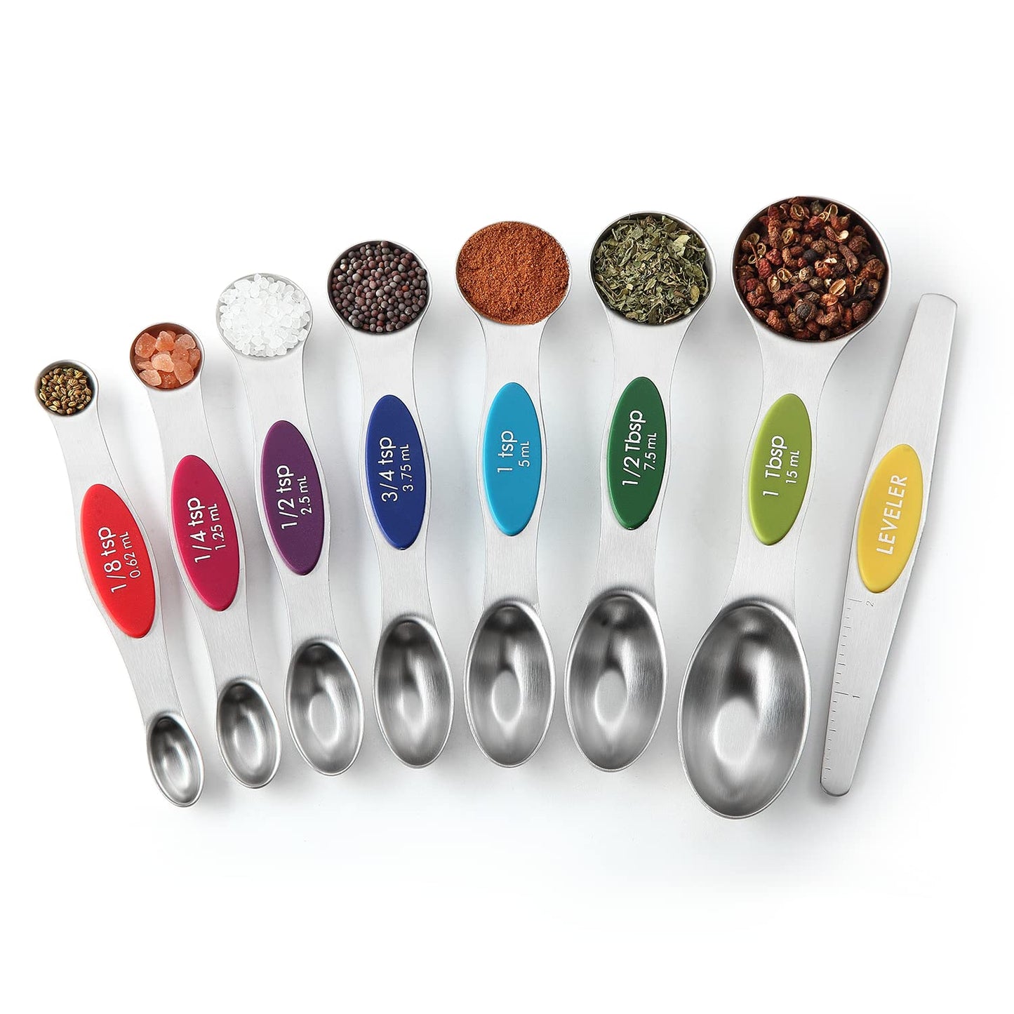 Spring Chef Multicolor Stainless Steel Magnetic Measuring Spoons Set of 8 with Leveler, Nesting Metal Teaspoon & Tablespoon Measuring Spoons, Kitchen Gadgets for Baking & Cooking - 2 Pack
