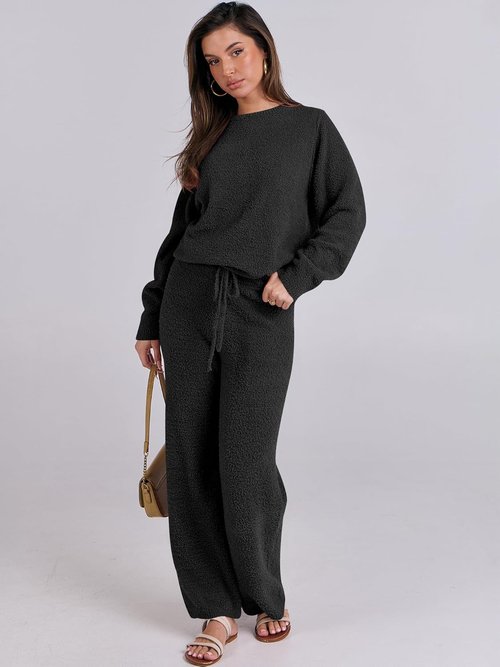 ANRABESS Women's Fuzzy Fleece Pajama Set - Cozy Long Sleeve Top & Wide Leg Pants | Fall Winter 2025