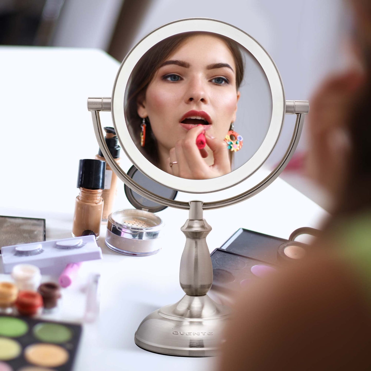 OVENTE 8" Lighted Tabletop Makeup Mirror with 1X/10X Magnification, Double Sided Vanity Mirror, 360° Swivel Design, 3-Tone Smart Touch Glow LED Lights with Auto Shut Off, Nickel Brushed MPT751BR1X10X