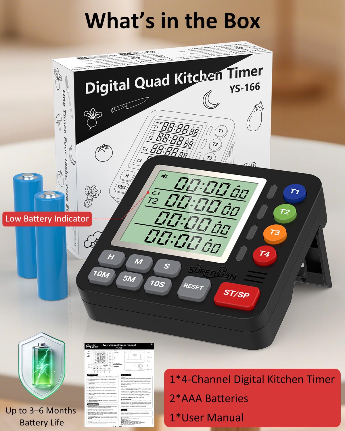 Digital Kitchen Timer for Cooking - 4 Channel Count Up Countdown Timer with Loud Alarm and Silent Mode, Large Display, Magnetic Back, Auto Memory for Classroom Study Gym, Battery Included (White&Grey)