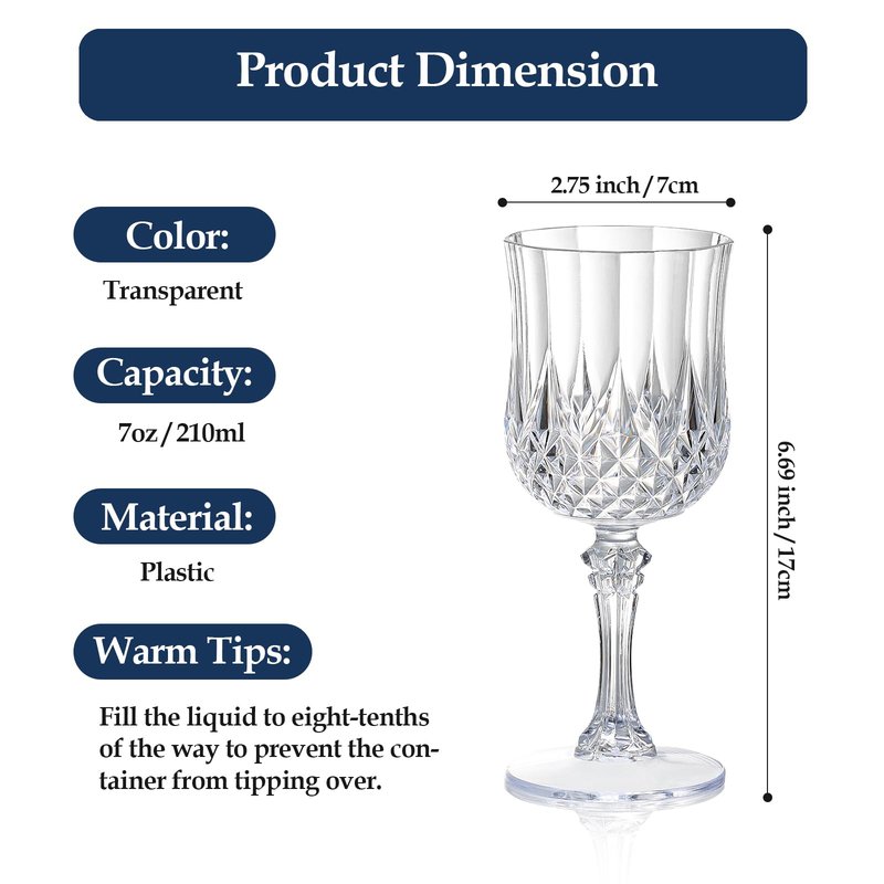 XUWAIDSGN 24 Pcs 7oz Plastic Vintage Wine Glasses Drinking Glasses Unbreakable Wedding Glassware Crystal Water Goblets Reusable Drinkware Vintage Champagne Flutes (24, Clear)