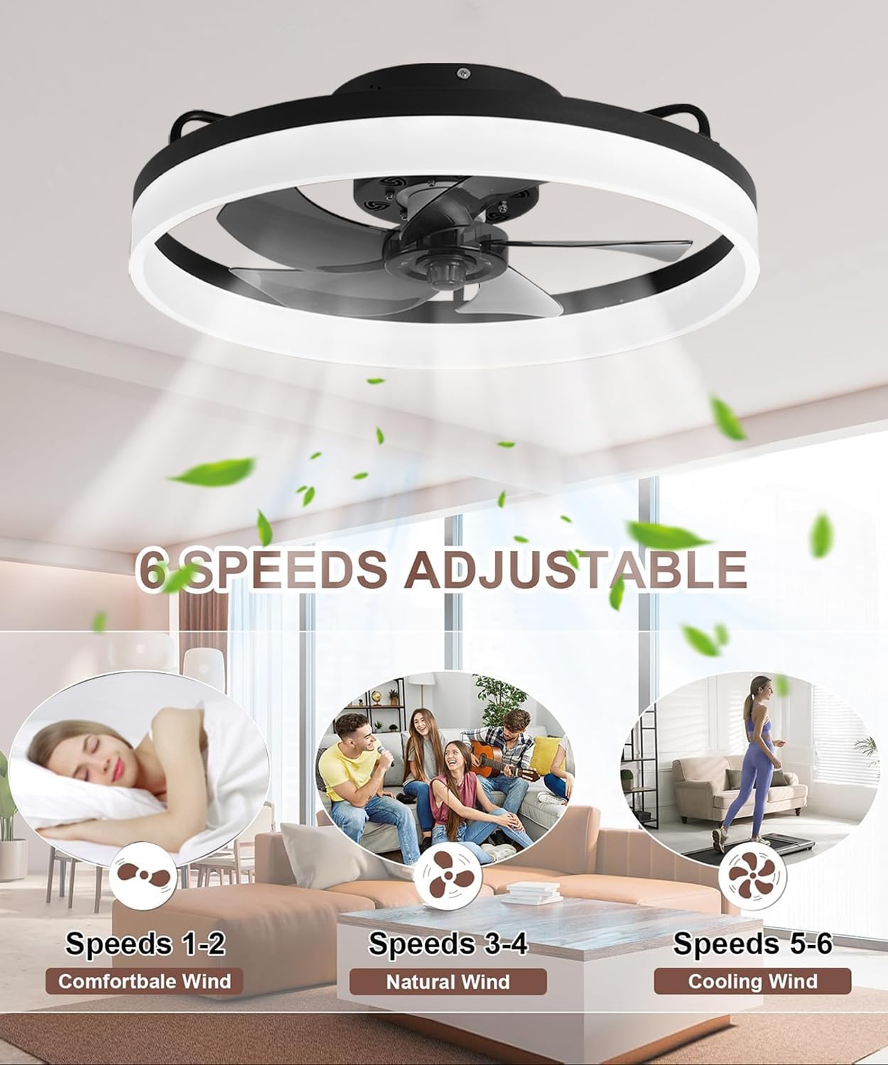 20" Ceiling Fan with Lights, Dimmable LED 6 Speeds Reversible Blades Timing with Remote Control, Semi Flush Mount Low Profile Fan, Black