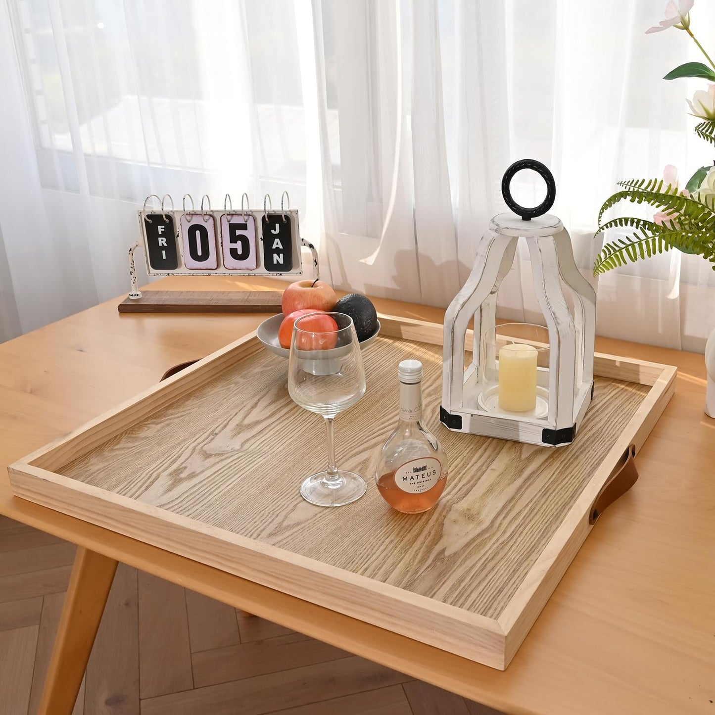 SwallowLiving 24 x 24 Inches Extra Large Square Wood Ottoman Tray with Leather Handles, Wooden Natural