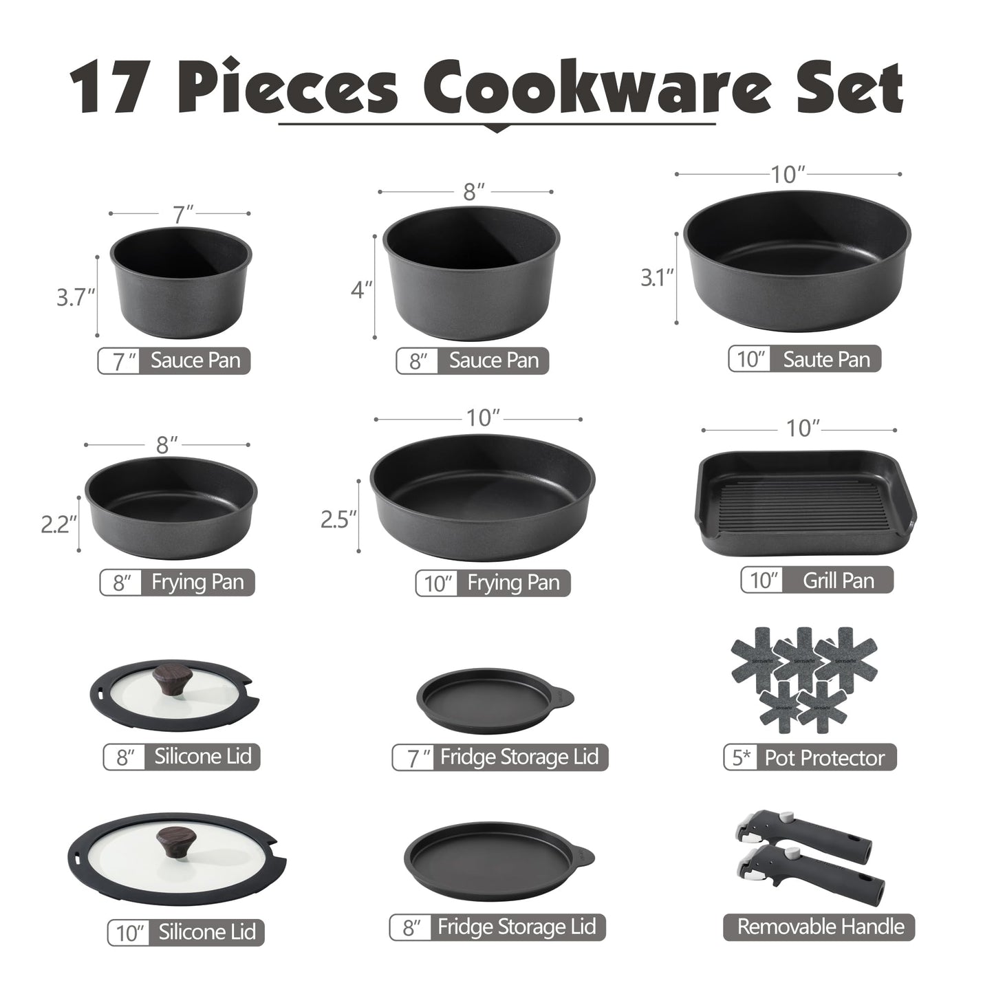 SENSARTE 17 Piece Pots and Pans Set, Nonstick Detachable Handle Cookware Set, Induction Kitchen Cookware Set with Removable Handle, Healthy Non Stick for RV, Dishwasher & Oven Safe, PFOA Free (Black)
