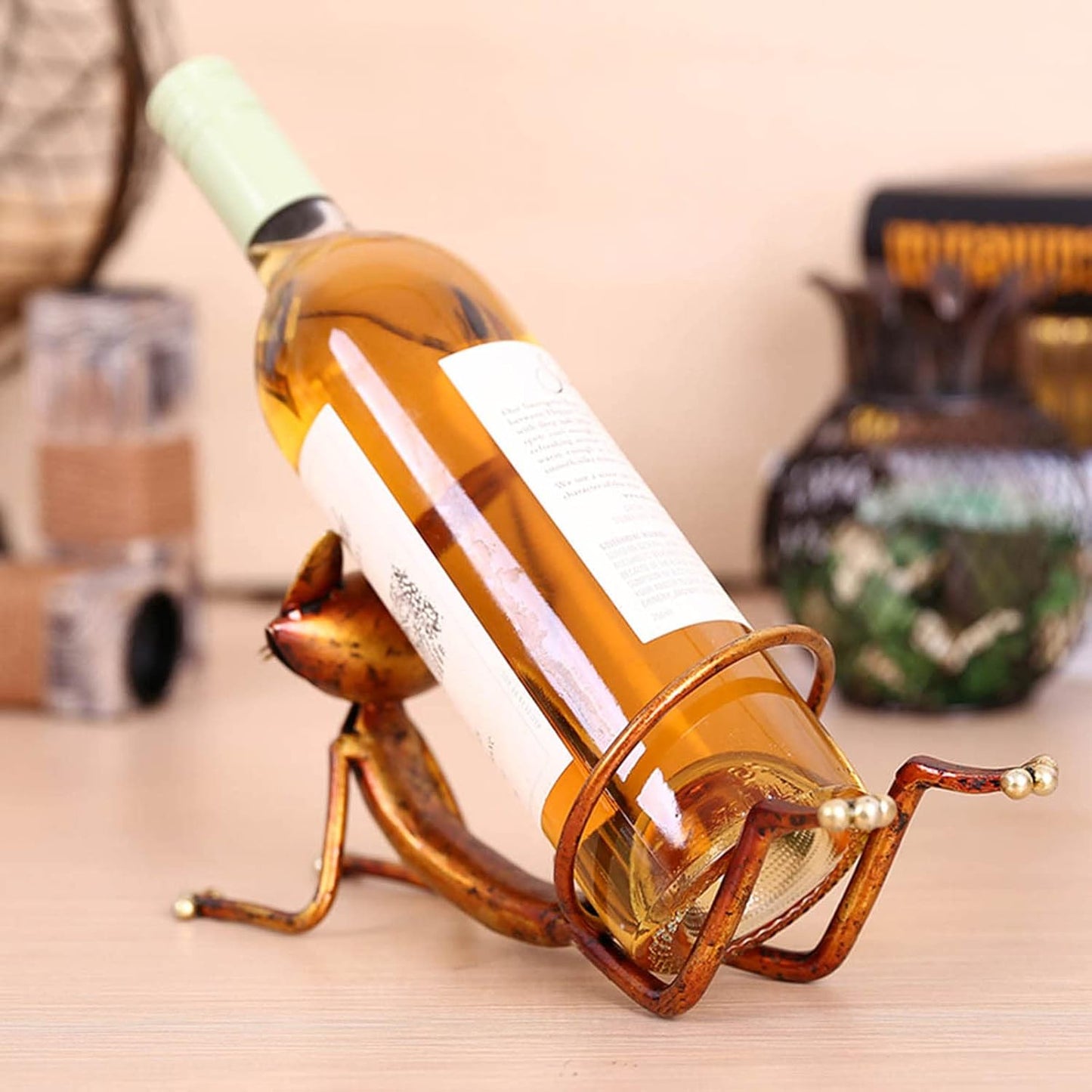 Yoga Cat Metal Sculpture Wine Bottle Holder - Unique Handcrafted Gift for Cat Lovers