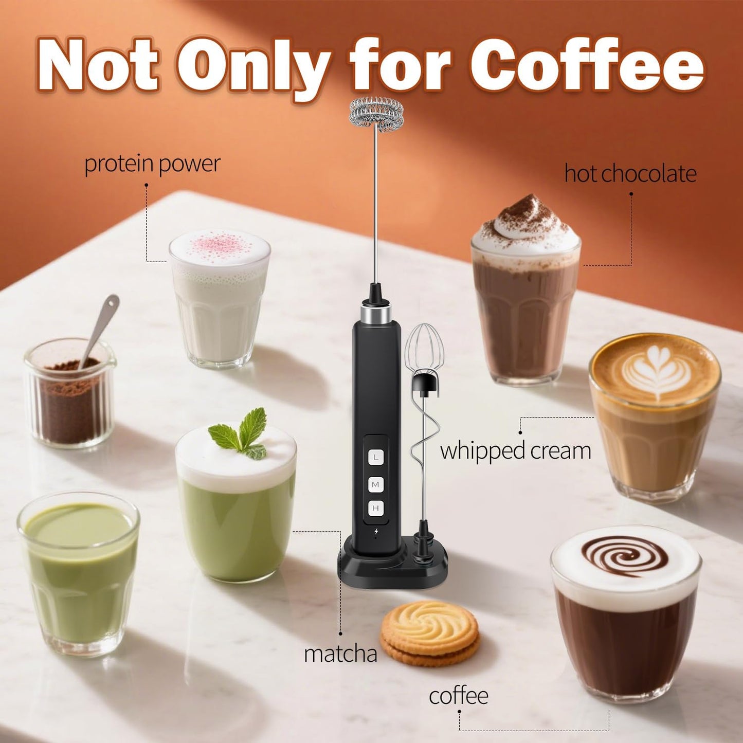 Skiennix Rechargeable Milk Frother - Handheld Mini Mixer with 3 Detachable Whisks & Charging Base
