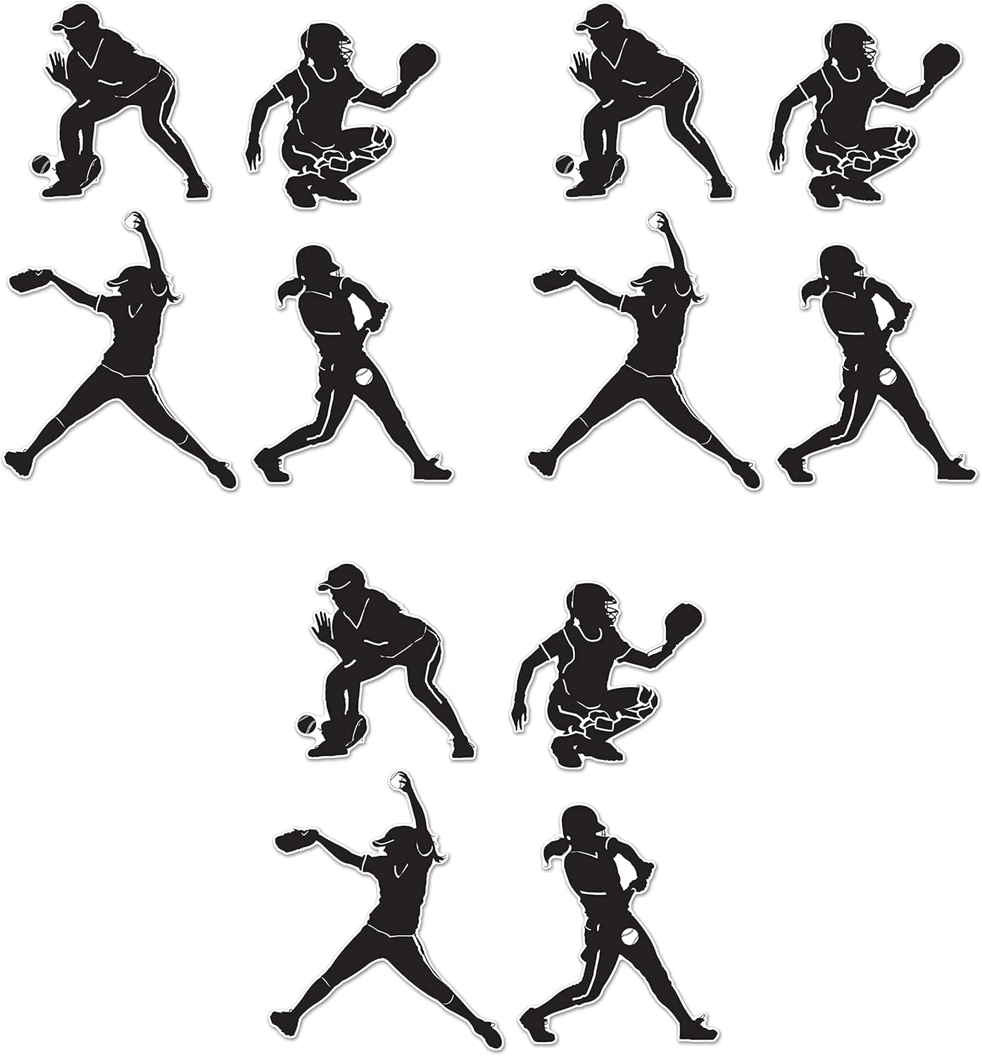 Softball Silhouettes Set - 8 Pieces, 9" to 12.5", Black & White Decor