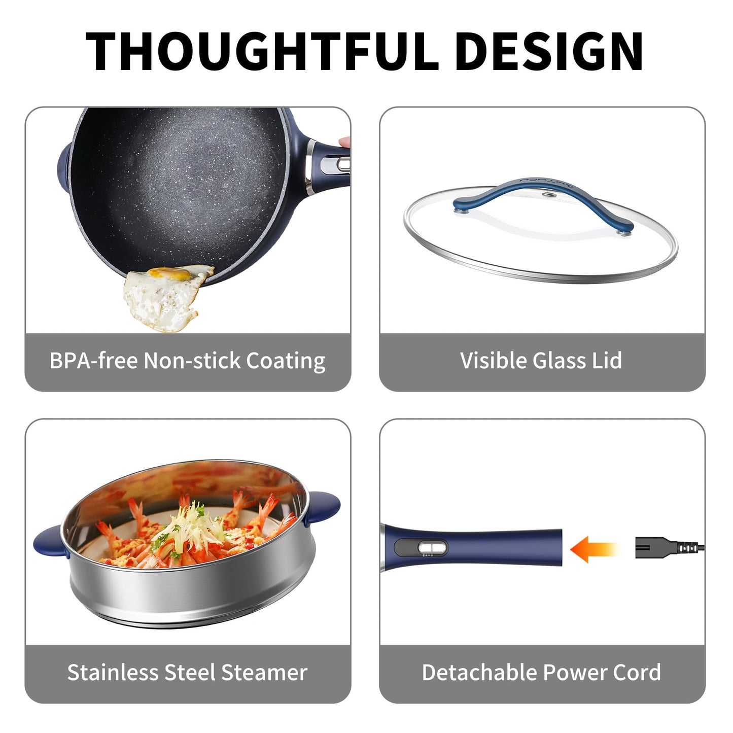 AUTUCU 3-Quart Electric Hot Pot & wok Nonstick with Steamer | Electric Skillet 1200W for Dorm, Home, Gifts (Includes Silicone Spatula) Multi-Cooker