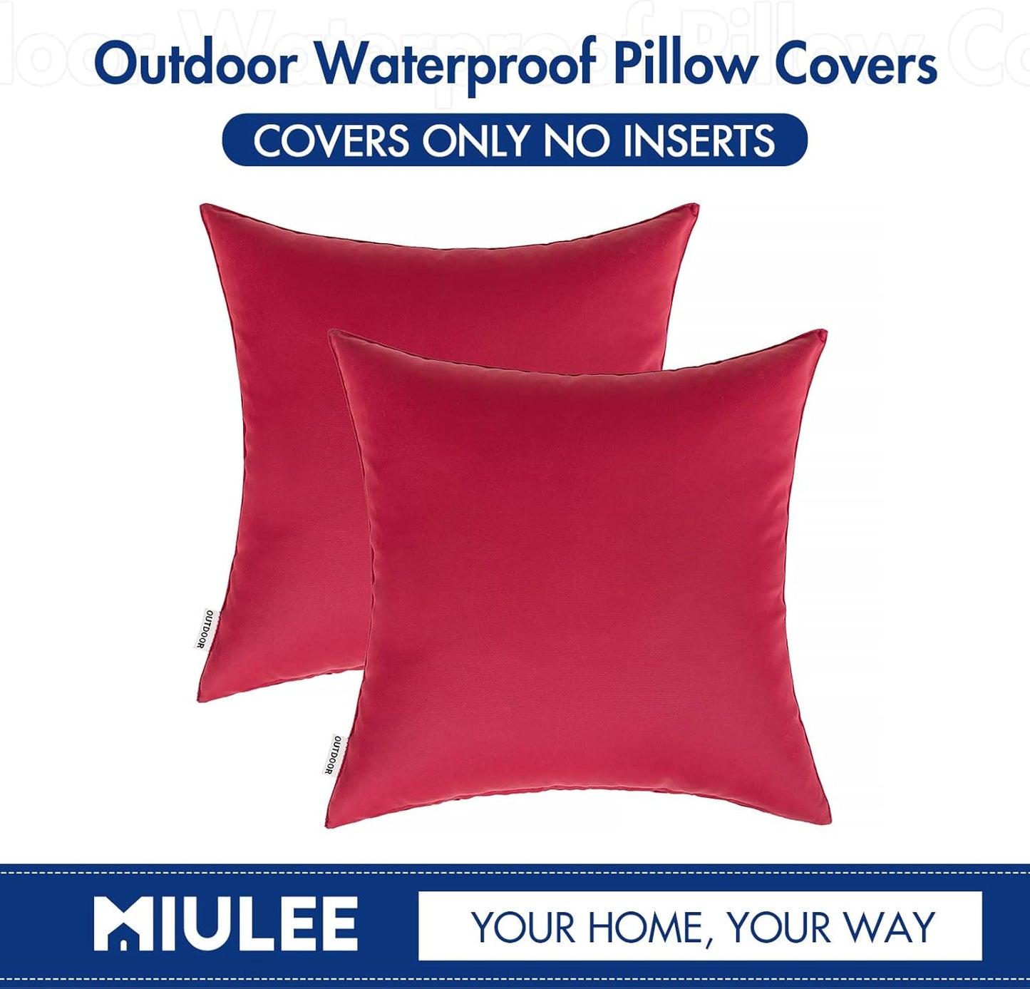 MIULEE Decorative Outdoor Pillow Covers - Waterproof Square Cushion Shams | 18x18 Inch Red (Pack of 2)