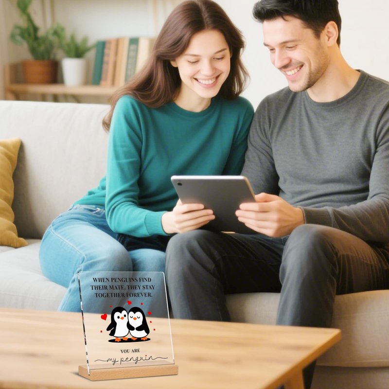 Atichwem Romantic Penguin Acrylic Plaque with Wooden Stand, 5.9×5.9 Inch Clear Acrylic for Home Office Decor, Wedding Engagement Anniversary Birthday Valentines Day Gifts for Couples Him Her