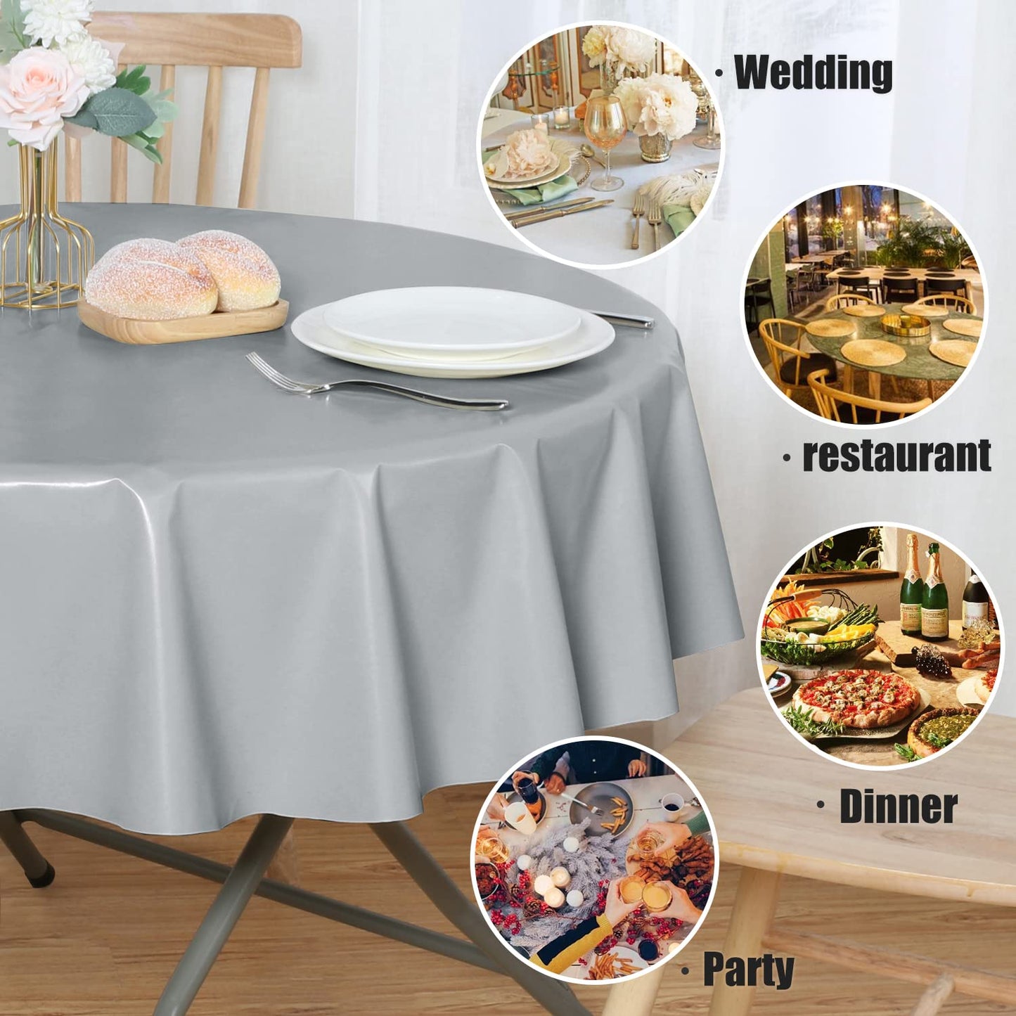 sancua 100% Waterproof Rectangle PVC Tablecloth - 60 x 120 Inch - Oil Proof Spill Proof Vinyl Table Cloth, Wipe Clean Table Cover for Dining Tables, Buffet Parties and Camping, Silver Grey