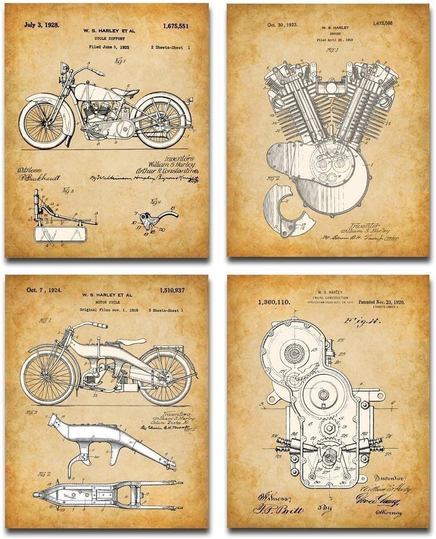 Harley Davidson Motorcycle Patent Wall Art Prints - Set of 4 Unframed 8x10 Posters for Home Decor & Gifts