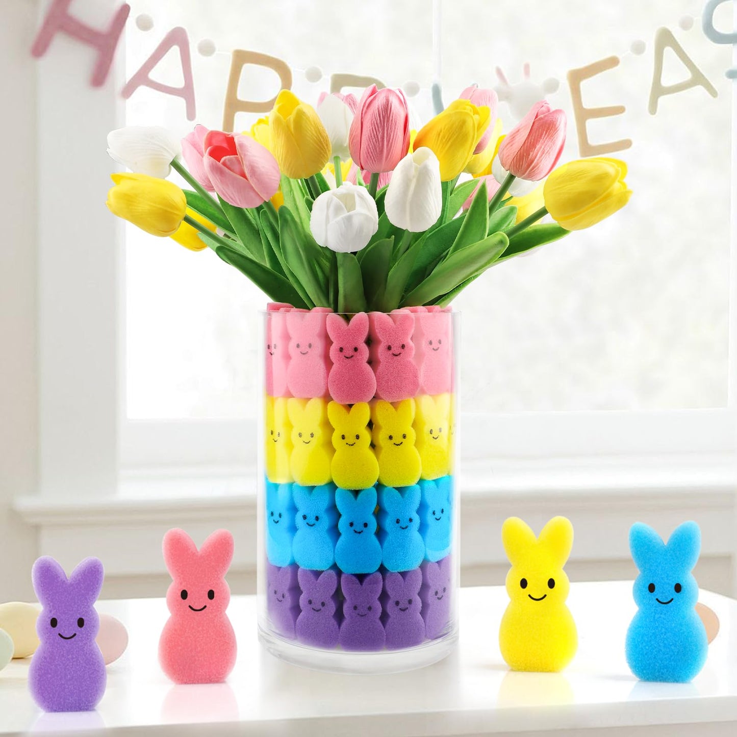 Labrostar Easter Decorations Easter Decor 15pcs Artificial Tulips with 48pcs Bunnies Vase Filler Spring Decor Home Indoor Decoration Centerpieces for Tables