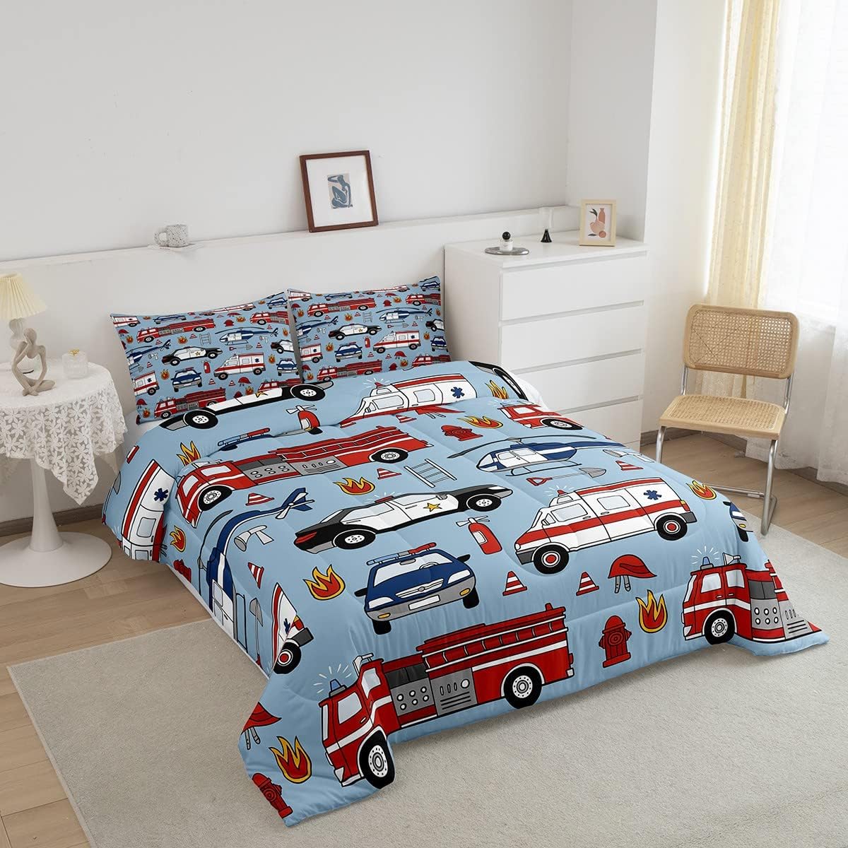 Cartoon Police Car Bedding Set Red Fire Truck Comforter Set for Kids Boys Fire Extinguisher Duvet Set Airplane Comforter 1 Comforter Set with 2 Pillowcases Full Size Boys