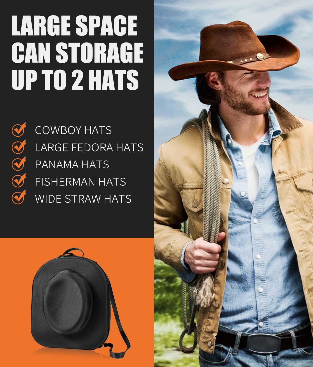 Livelab Hat Box for Travel - Crush Proof Cowboy Hat Holder Storage, Hard Travel Hat Carrier Case for Cowboy, Panama & Tweed Hats - Carrying Handle, Luggage Straps & Shoulder - Large