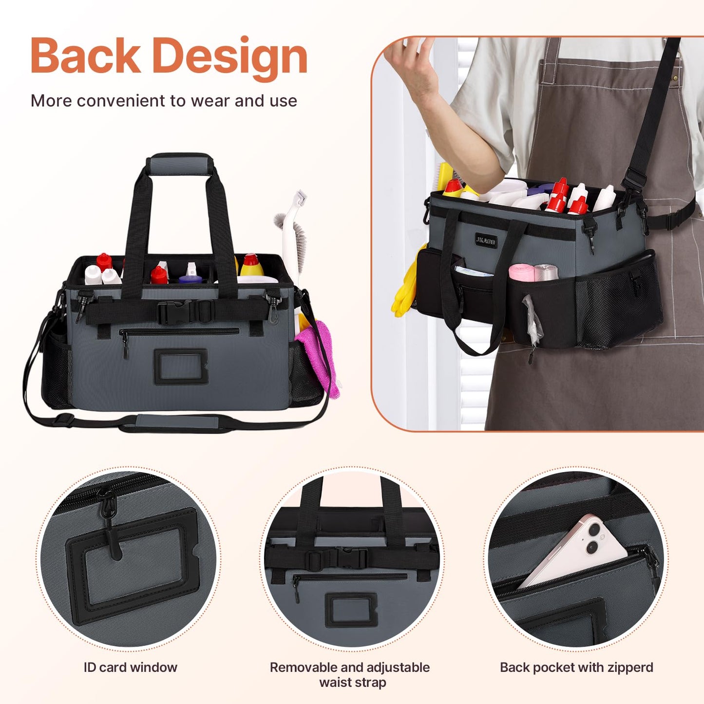 JKAOO Large Wearable Cleaning Caddy Bags,Cleaning Supplies Storage Bag with Handles and Adjustable Shoulder Strap and Removable Waist Straps,Waterproof Cleaning Bags for Home,Car,Office (Gray)