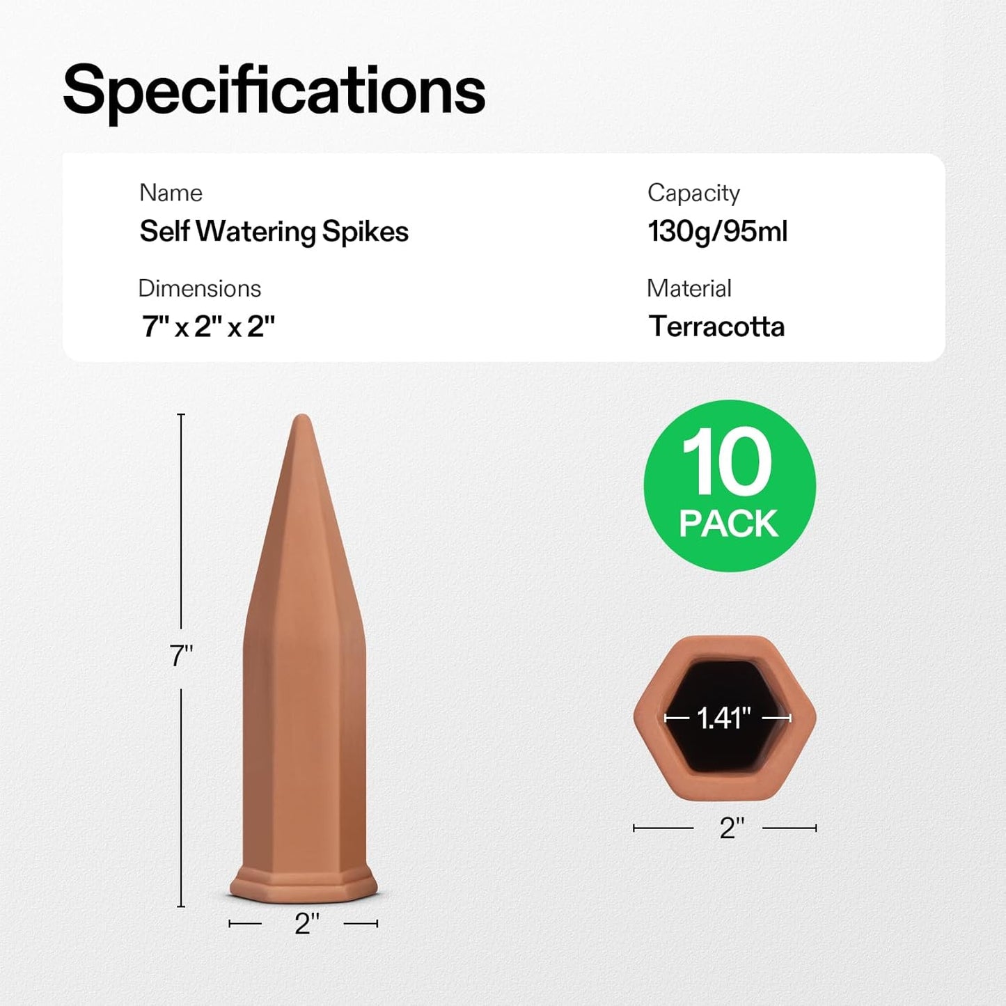 VIVOSUN Self-Watering Spikes - 7 Inch Hexagonal Terracotta Watering Stakes for Indoor & Outdoor Plants | 10-Pack