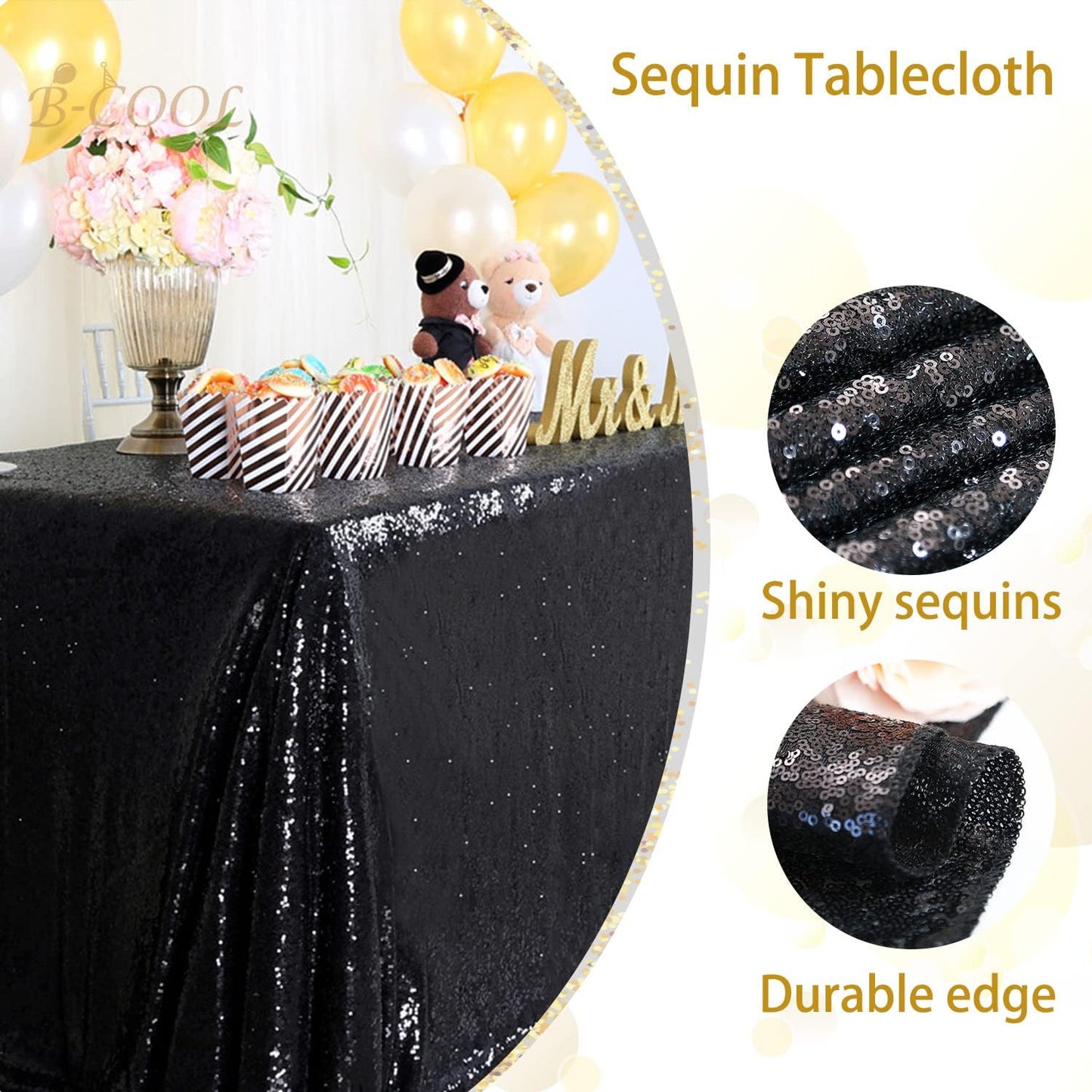 Black Sequin Tablecloth 50x80" – Shimmer Rectangular Overlay for Weddings & Parties