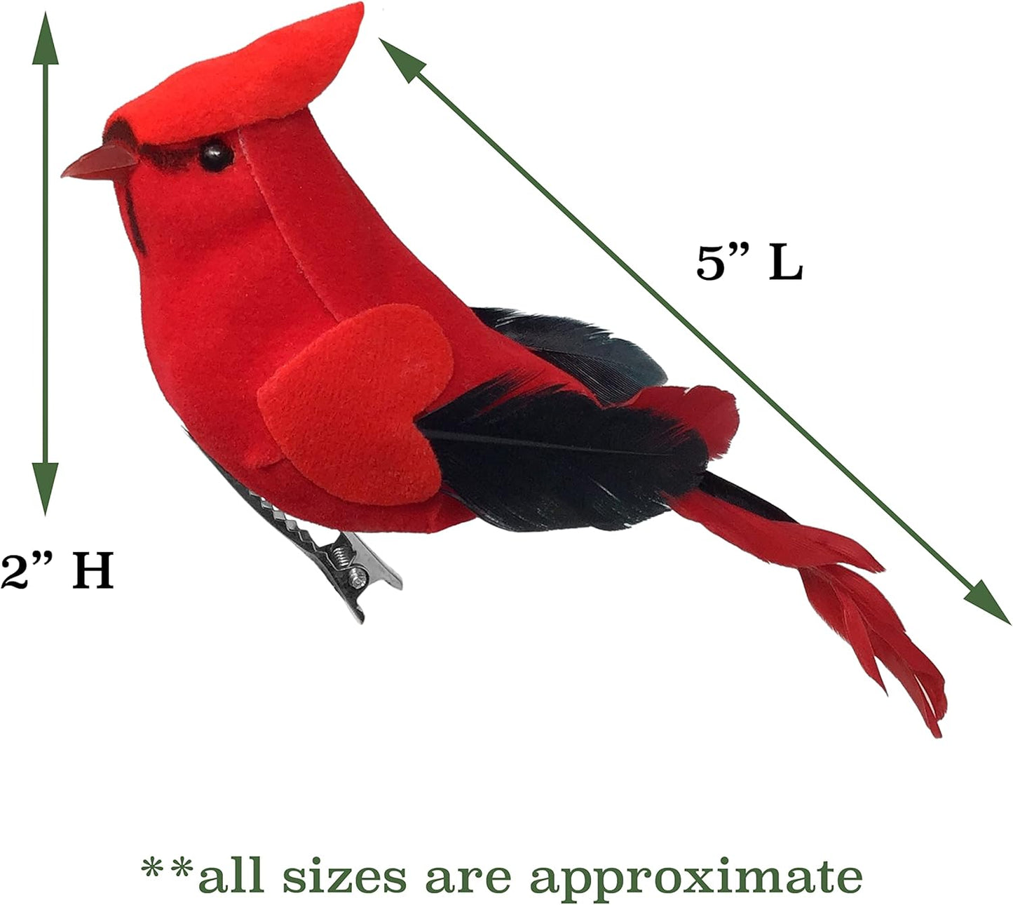 Red Cardinal Clip-On Christmas Tree Ornaments - Set of 12, 5" Long with Flocked Body & Feathered Wings