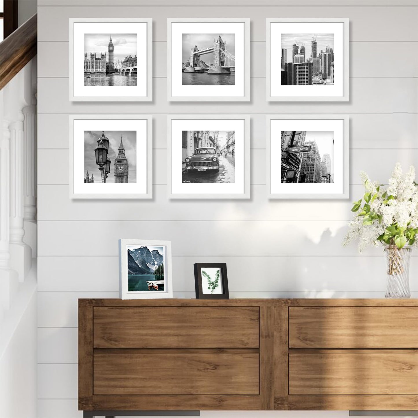 Hongkee 12x12 White Picture Frame set of 3, Made of Real Glass and Wooden Square Photo frame - Displays Picture 8x8 With Mat or 12 x 12 Without Mat, Desktop & Wall Collage Photo Frame