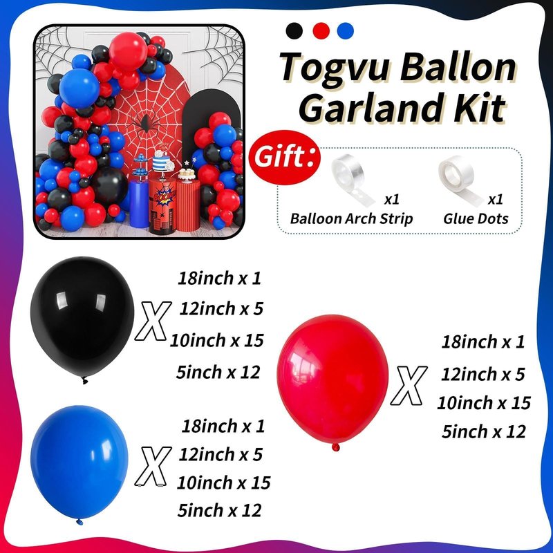 Red Blue Black Balloon Arch Garland Kit, 101 Pcs Matte Red Black and Royal Blue Latex Balloon Garland Set for Boys Kids Man Halloween Cool Spider Theme Party Birthday Graduation Party Decorations