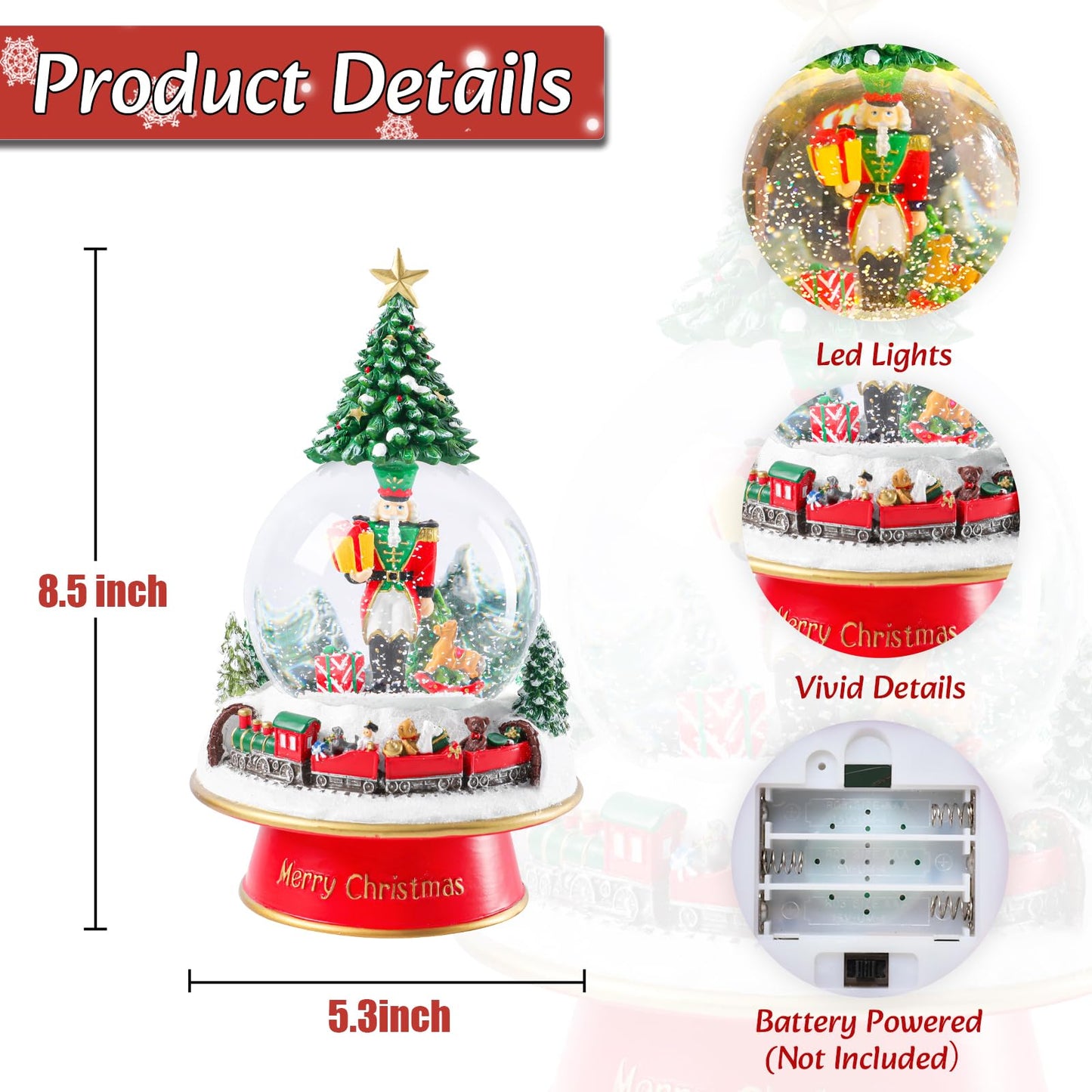 Christmas Snow Globes for Kids, Musical Snow Globe Nutcracker with Gifts Box and Train Music Glass Snowglobes Christmas Birthday Gift for Girls Kids Daughters